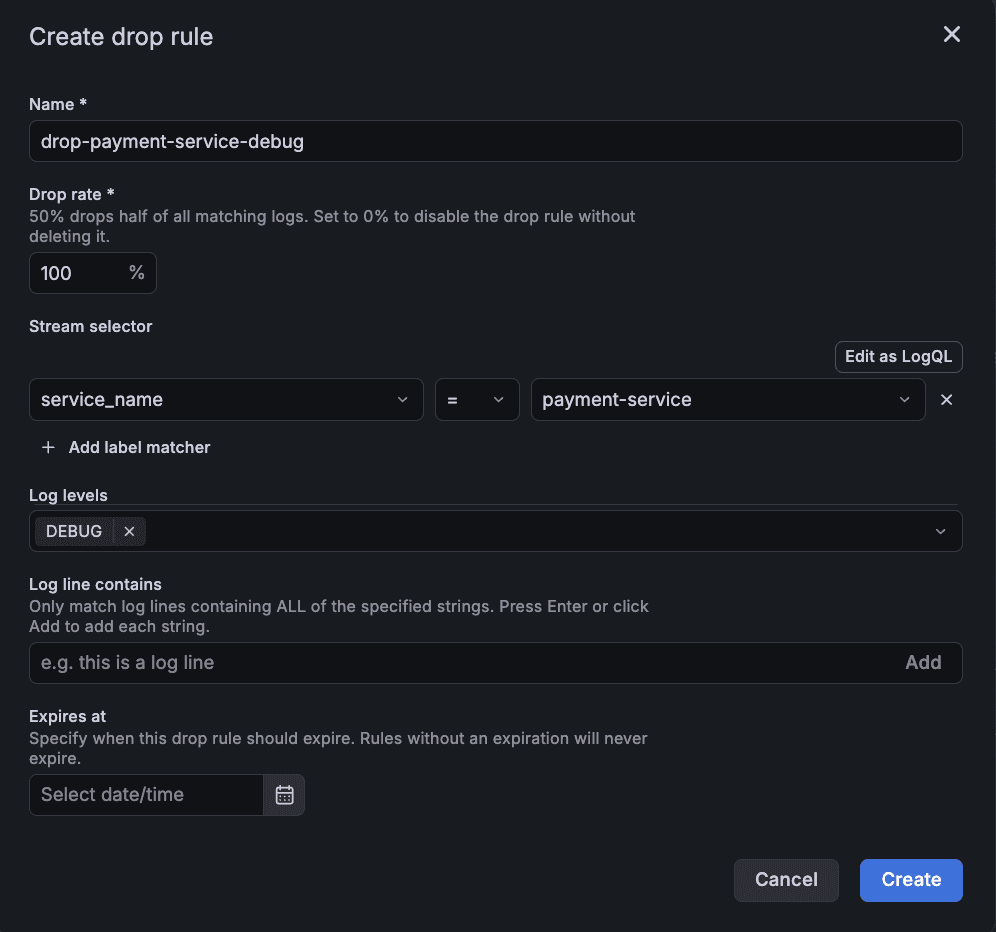 An Adaptive Logs menu for creating drop rules, with a drop rate of 100% for a payment-service service name and the DEBUG log level
