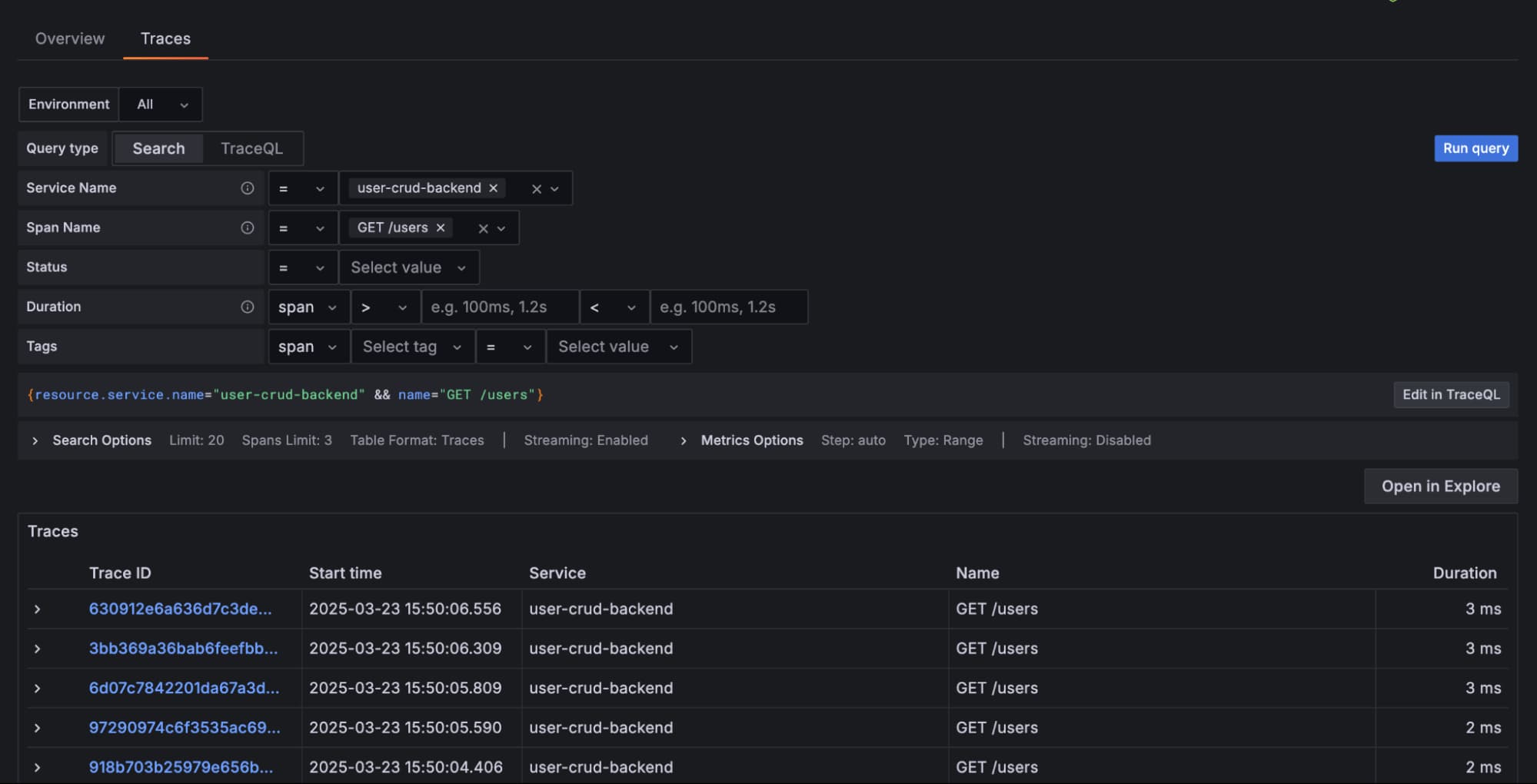 Traces query