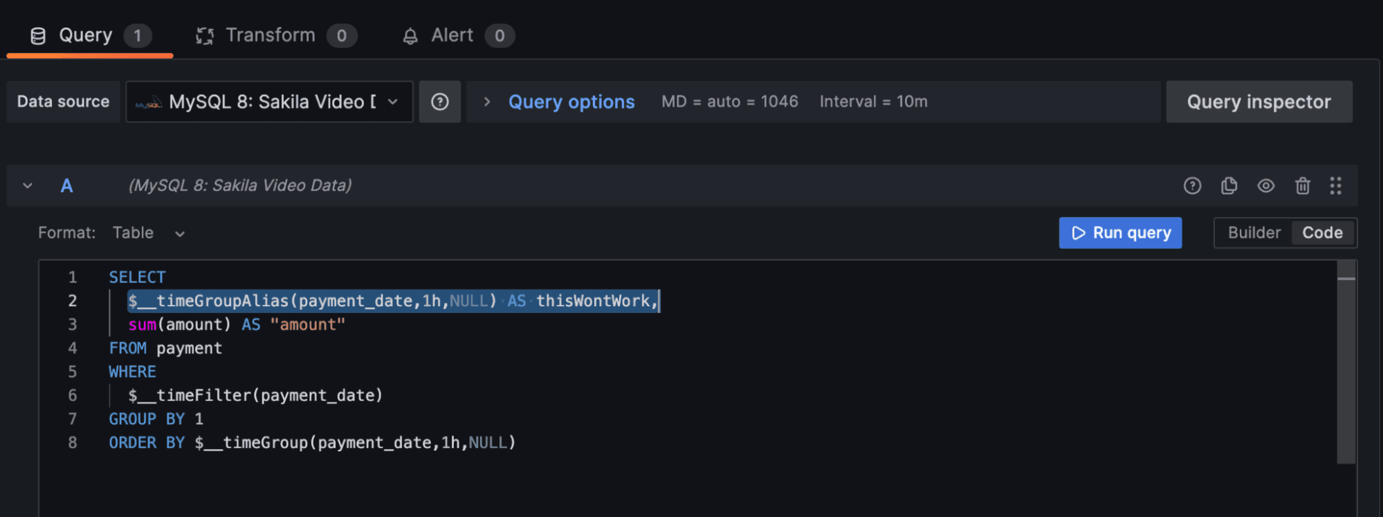 A screenshot shows the query being built with the incorrect alias.