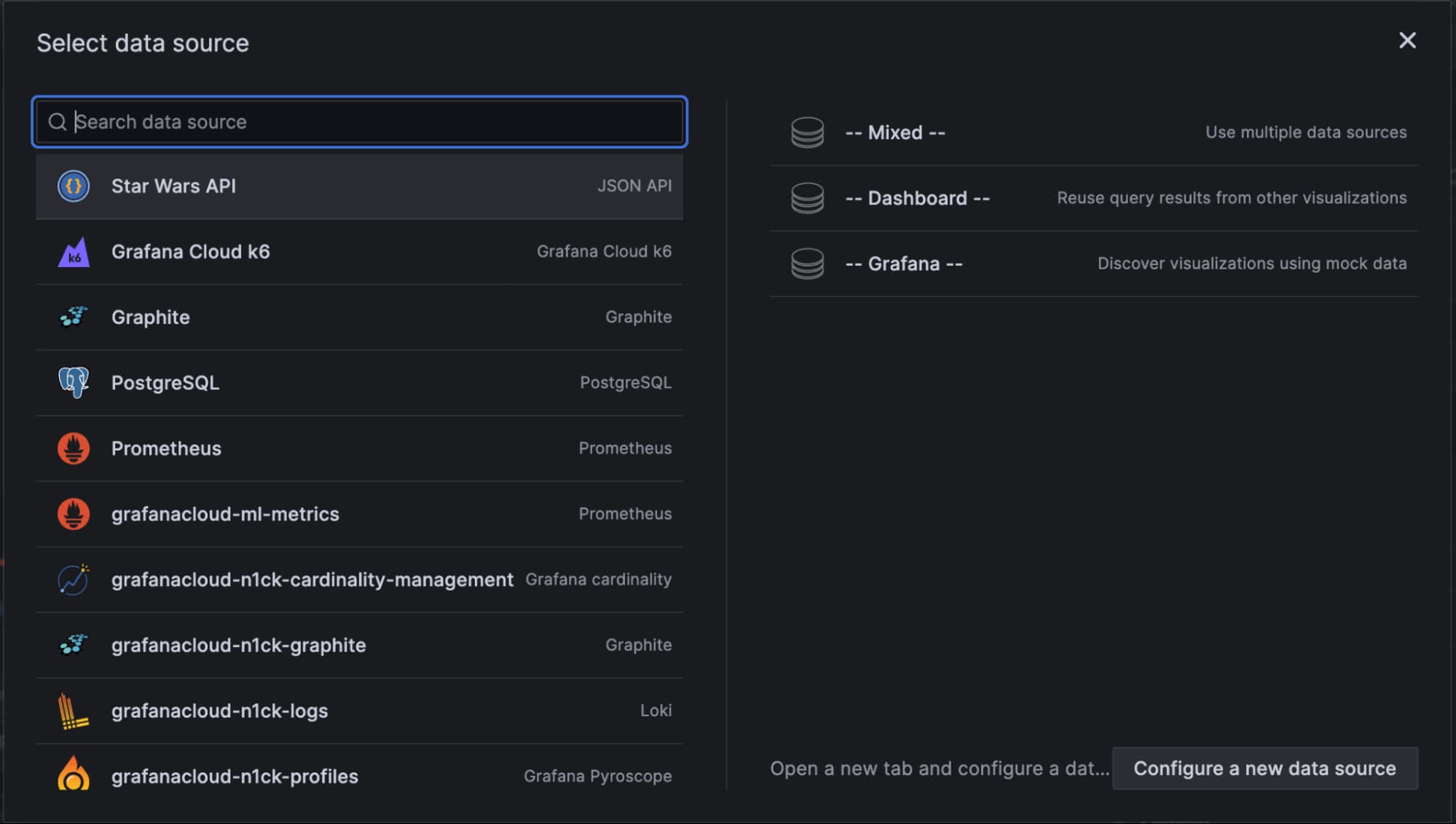 A drop-down menu displays several data sources you can pick from in the Grafana UI.