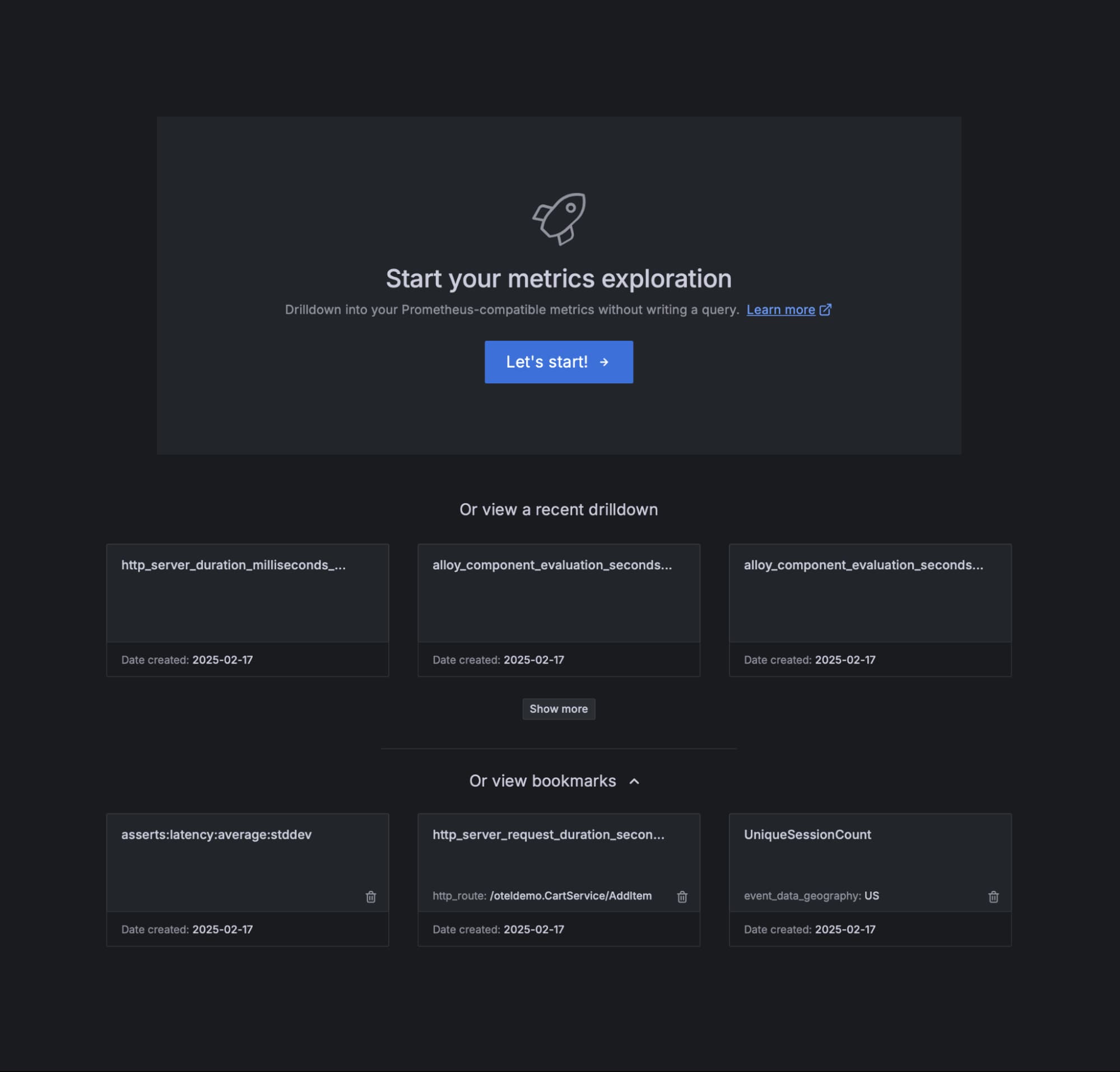 Start your metrics exploration page in the UI