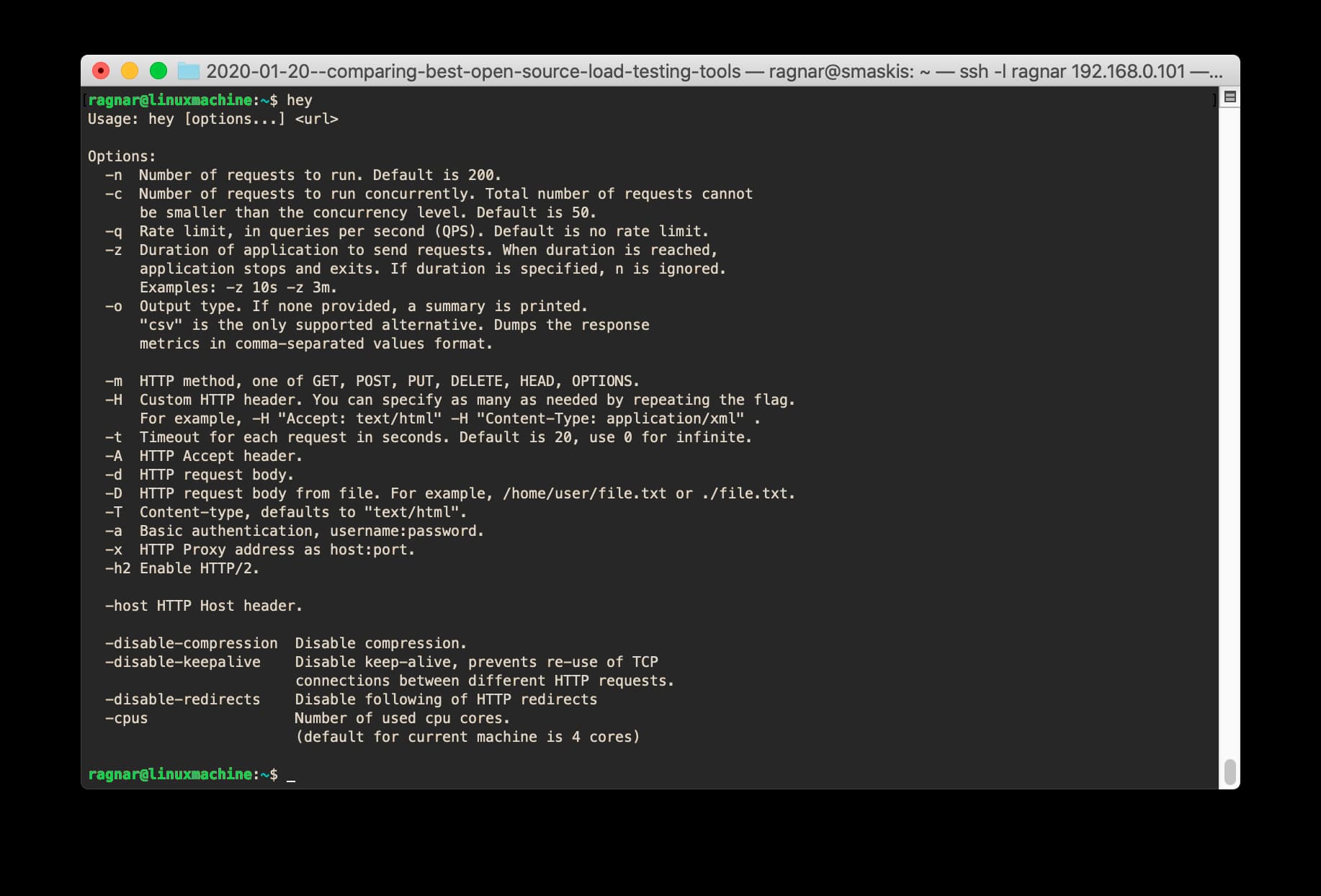 A screenshot of the Hey help output