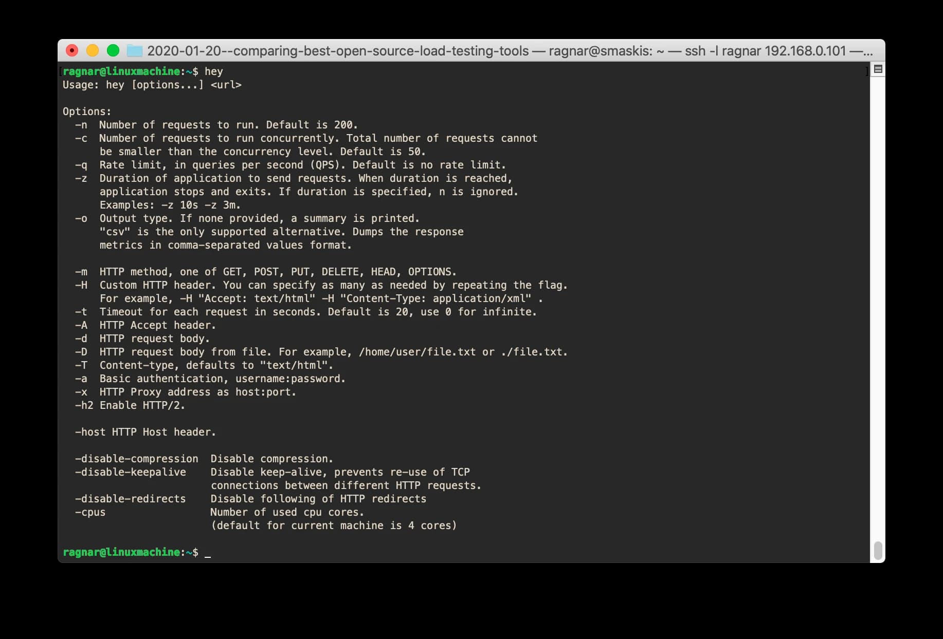 A screenshot of the Hey help output