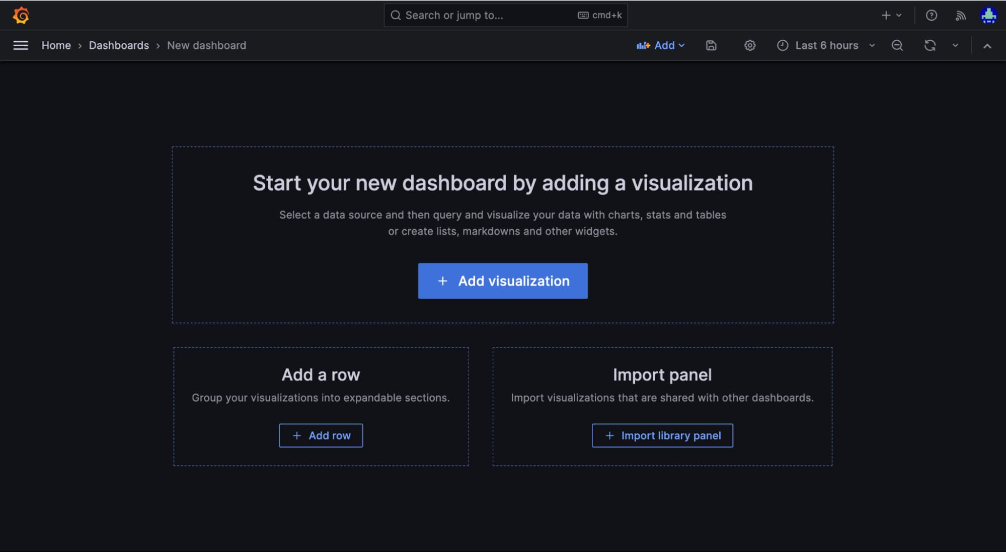 A screenshot of where you create a new dashboard in the Grafana UI.