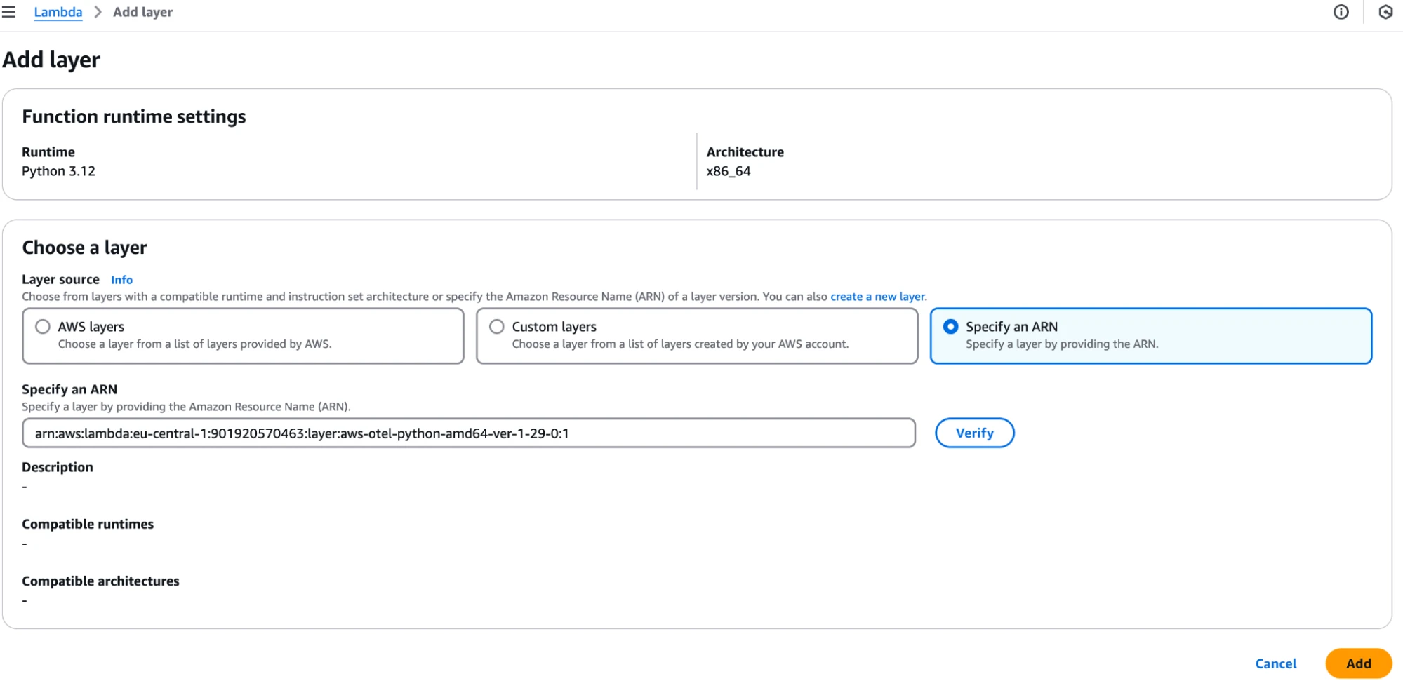 Choosing a layer with a specific ARN in Lambda
