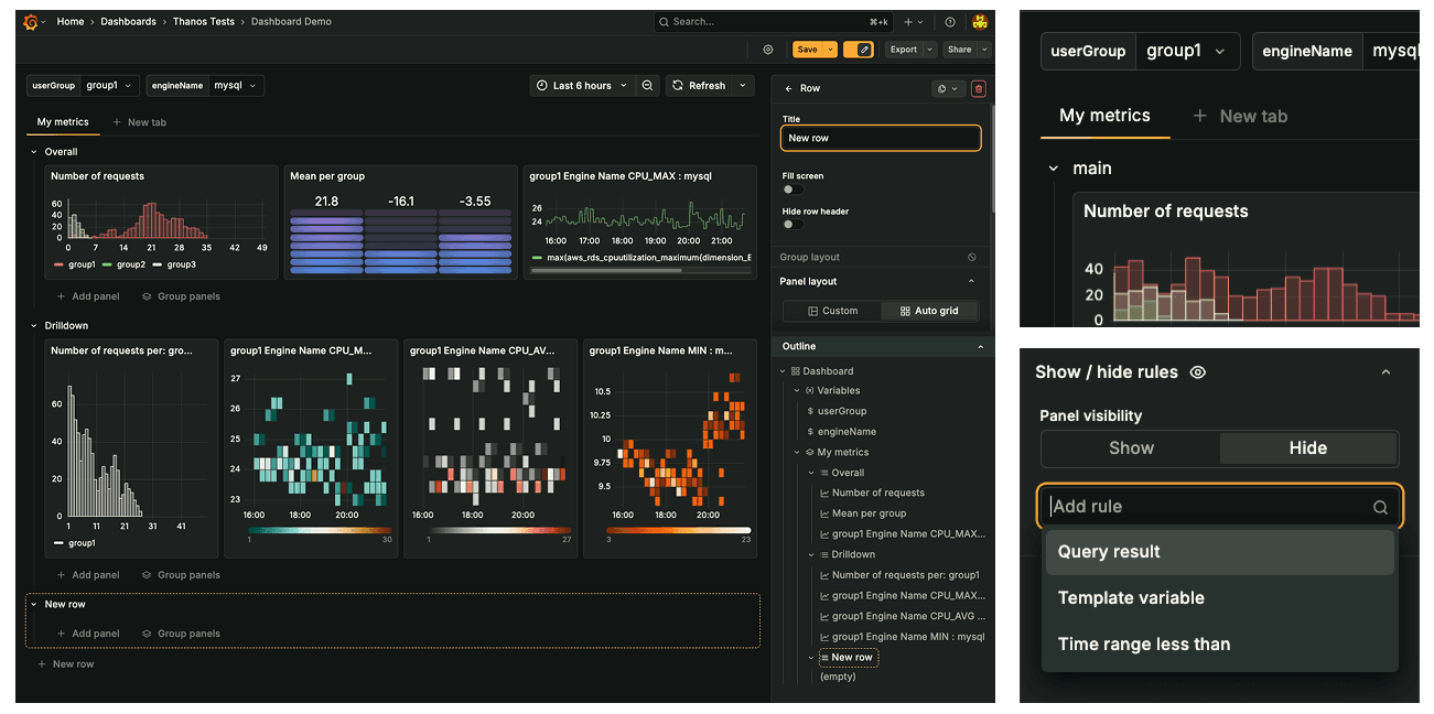 Examples of different navigation tools in dynamic dashboards in Grafana 12