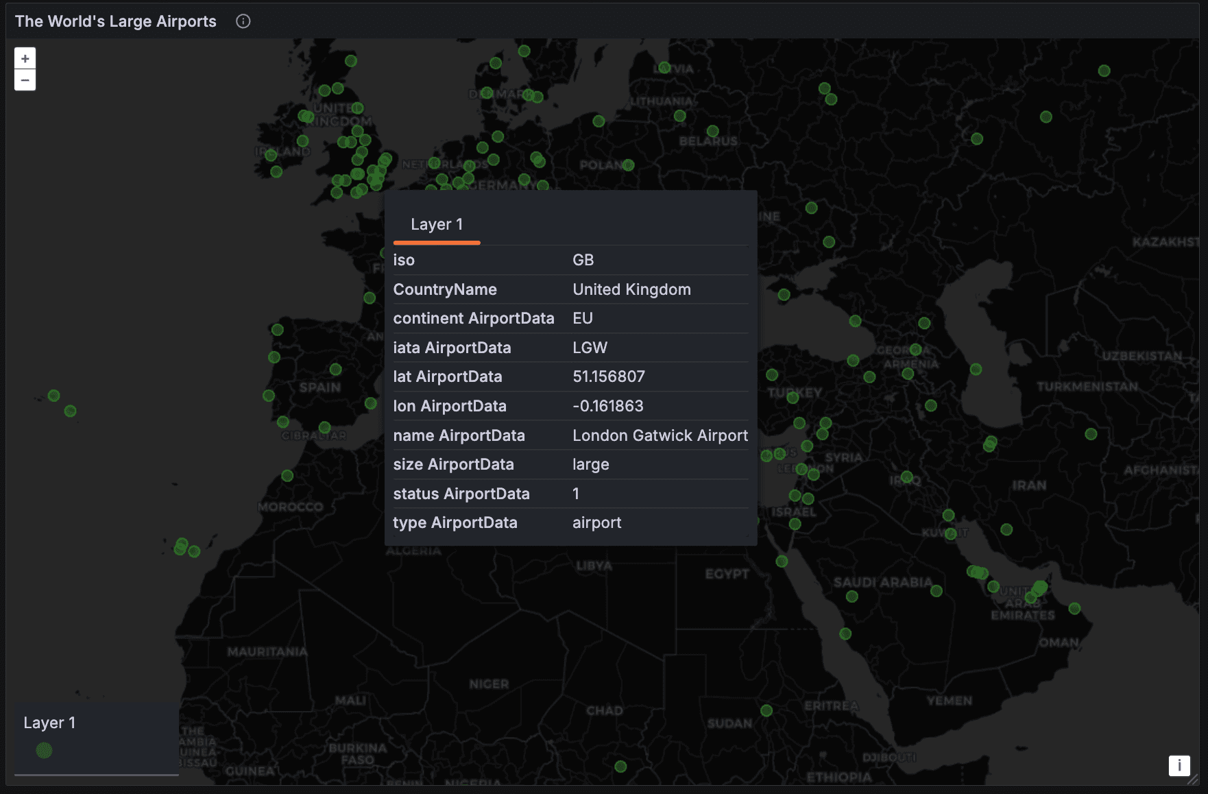 A screenshot of a geomap showing airports.