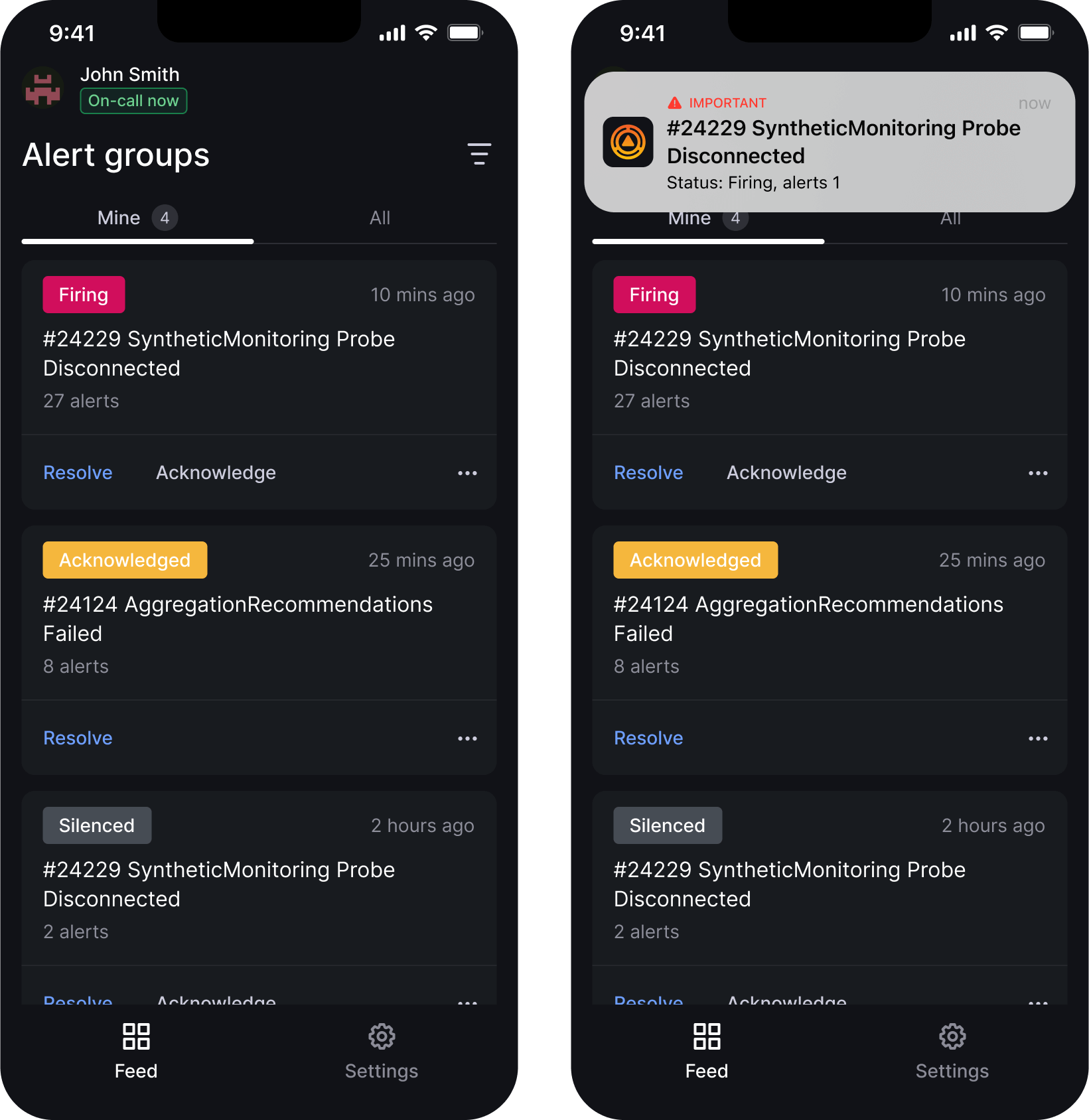 Two screenshots of UI in the Grafana OnCall app.