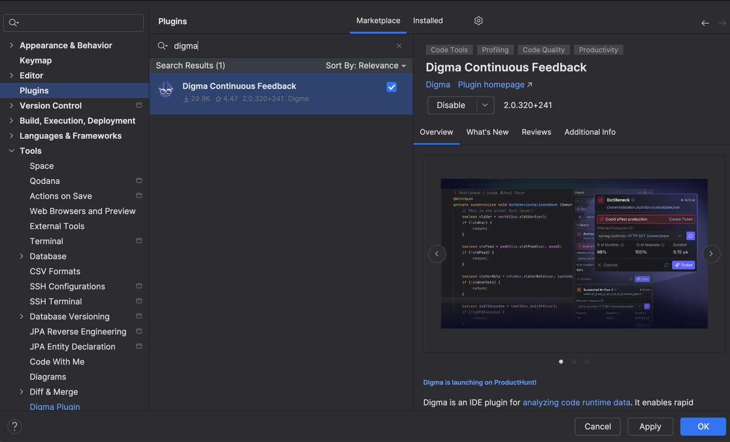 Digma Continuous Feedback plugin in the IntelliJ marketplace