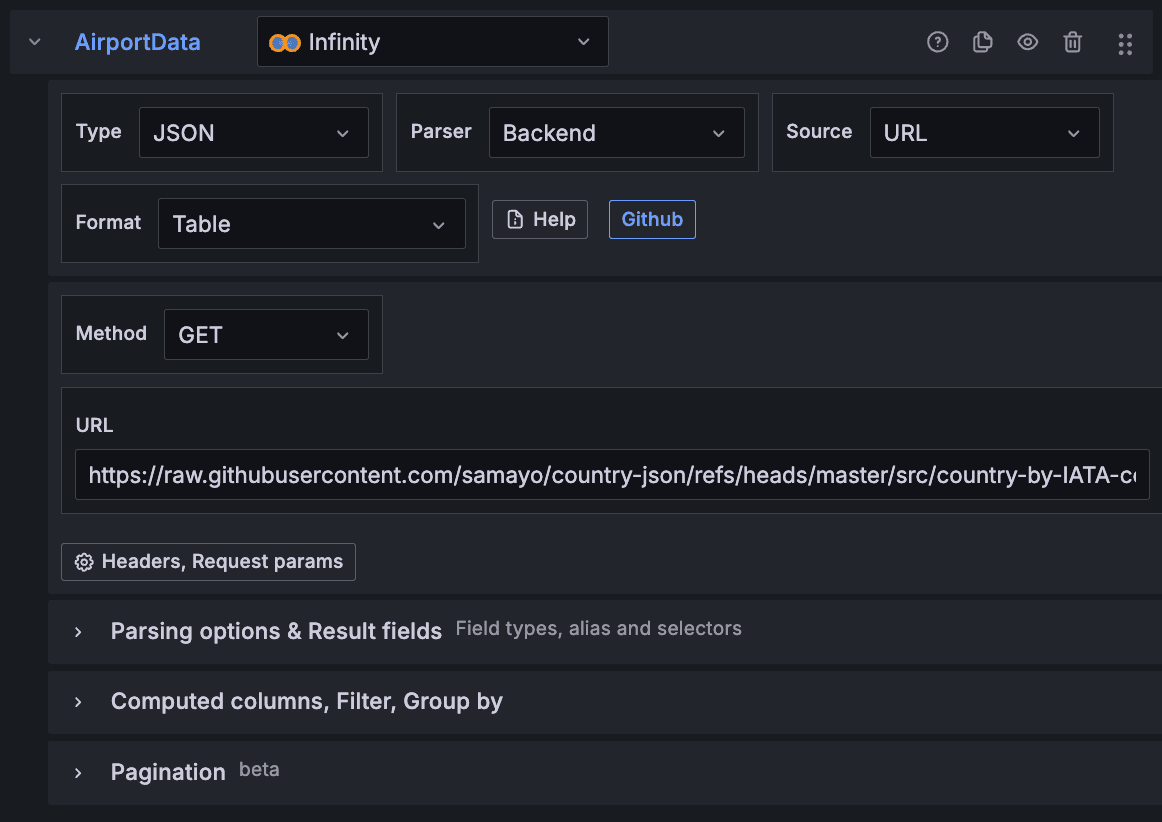 A screenshot of another query using the Infinity data source plugin.