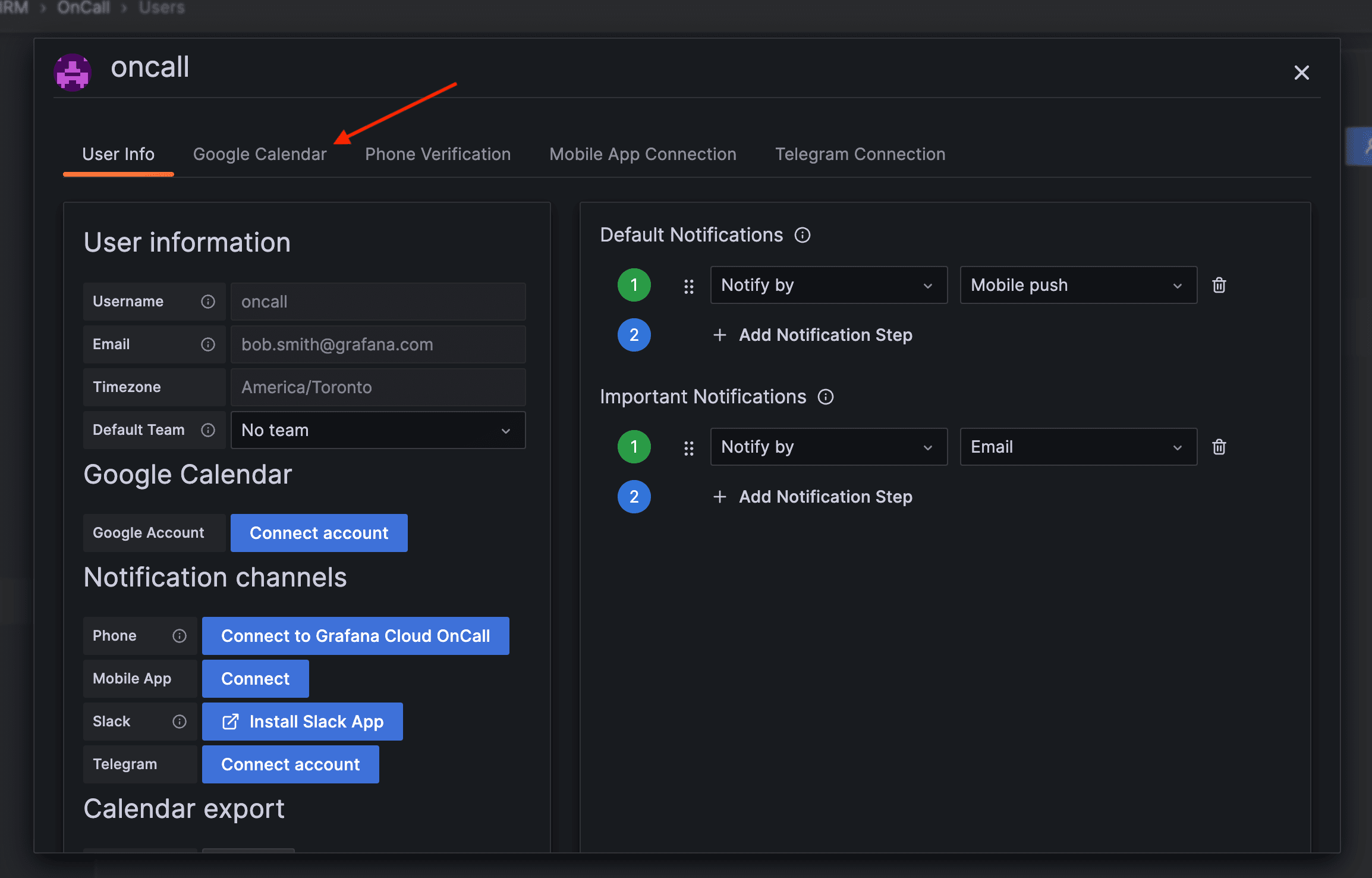 Grafana OnCall user info form, with an arrow pointing to the Google Calendar tab
