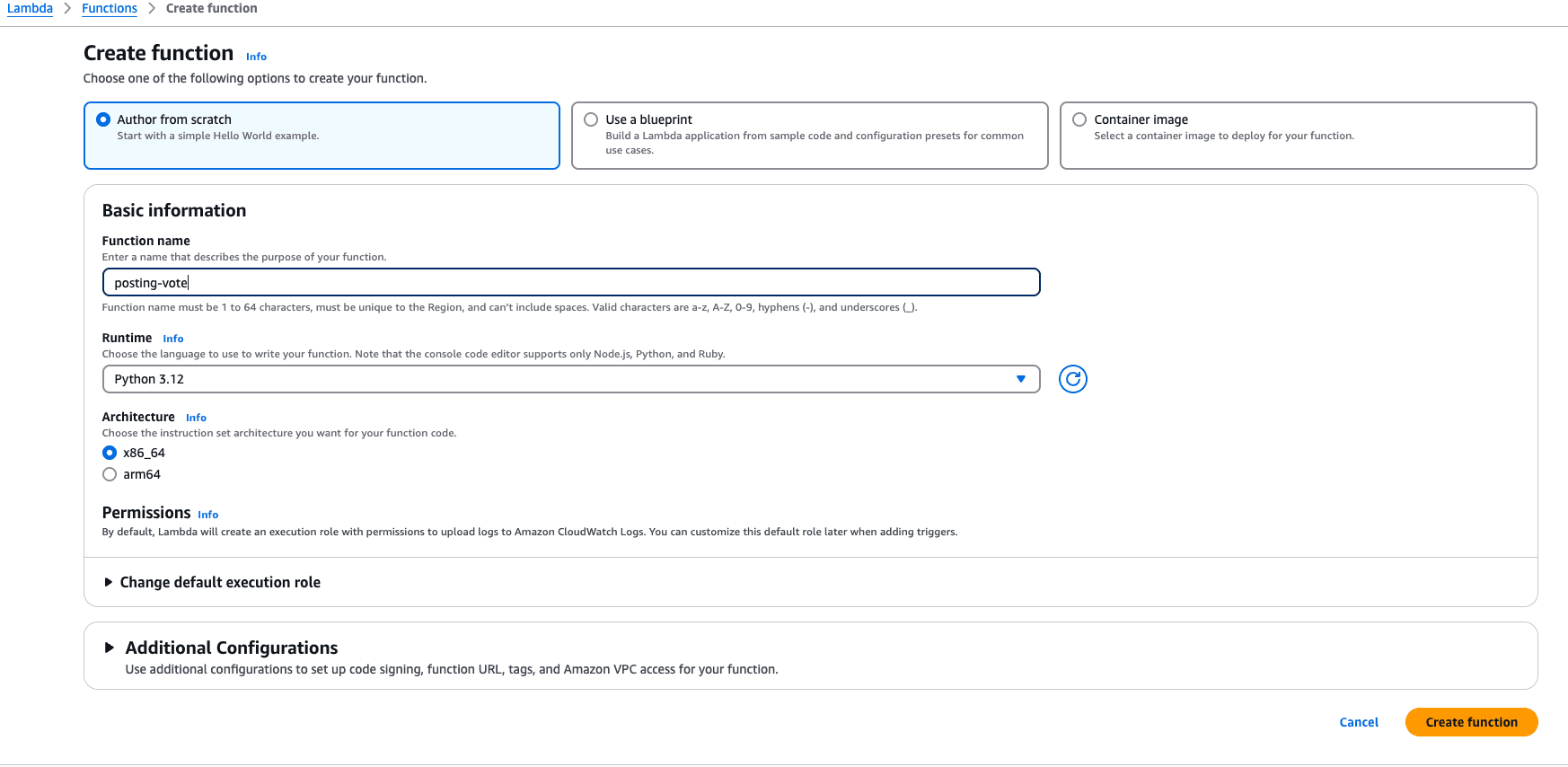 Creating a function from scratch in the Lambda UI