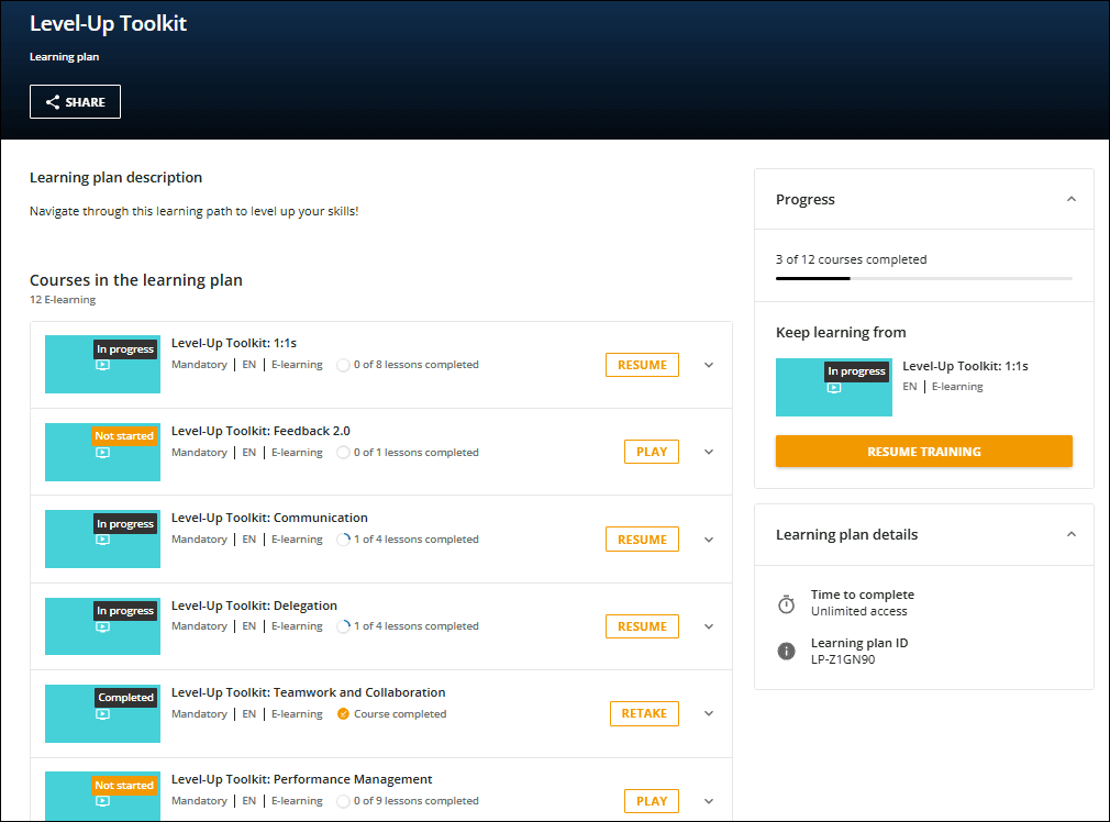 A screenshot of courses for Grafana Labs employees in Docebo.