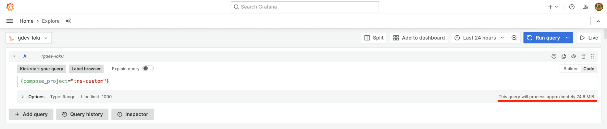 A screenshot of the new feature that shows the estimated size of the query.
