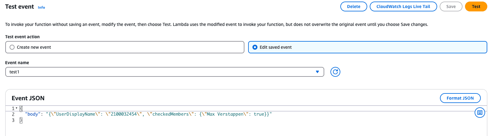 Edit saved event in test event menu