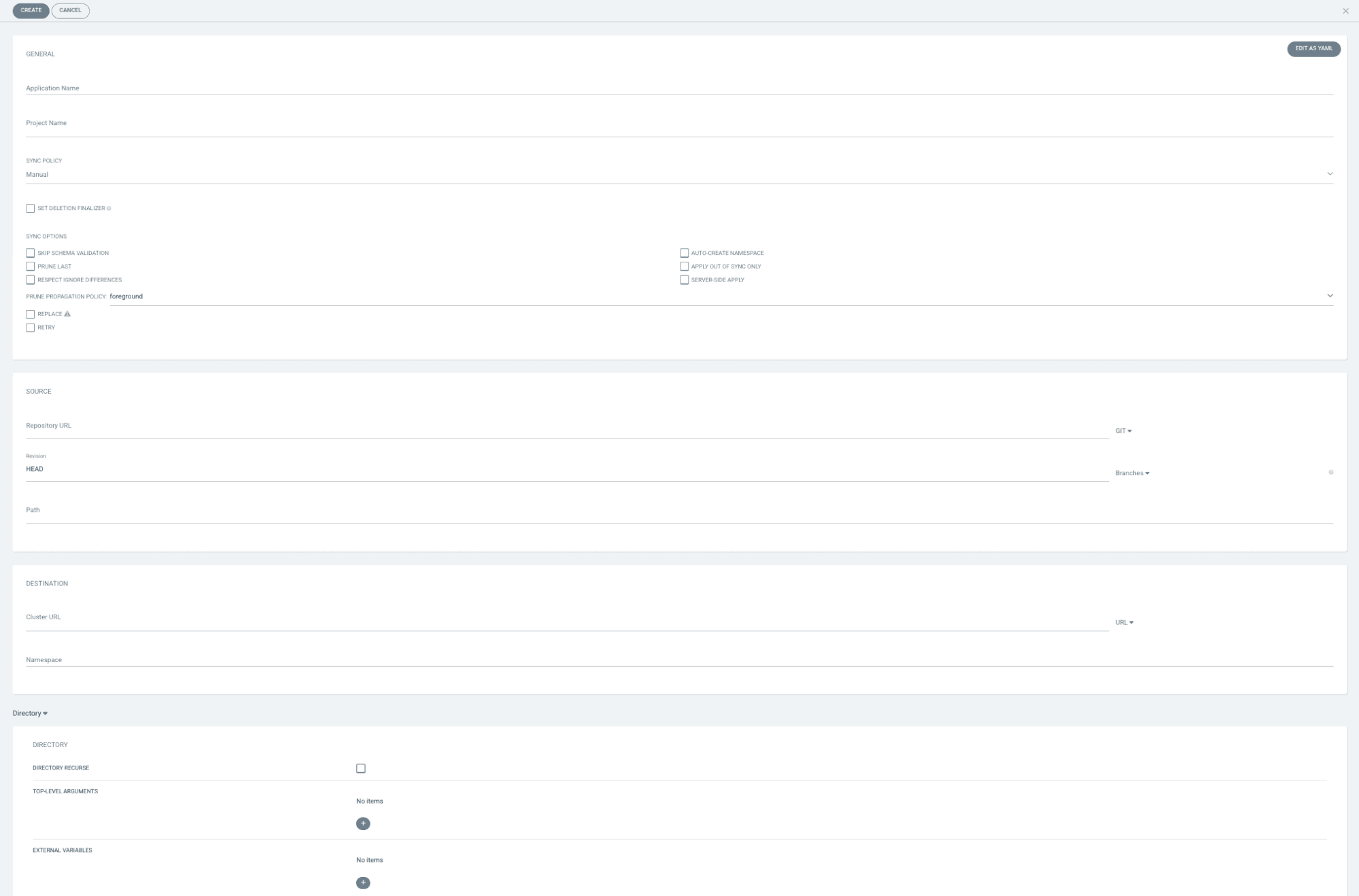 Screenshot of Argo CD web interface for creating a new app.