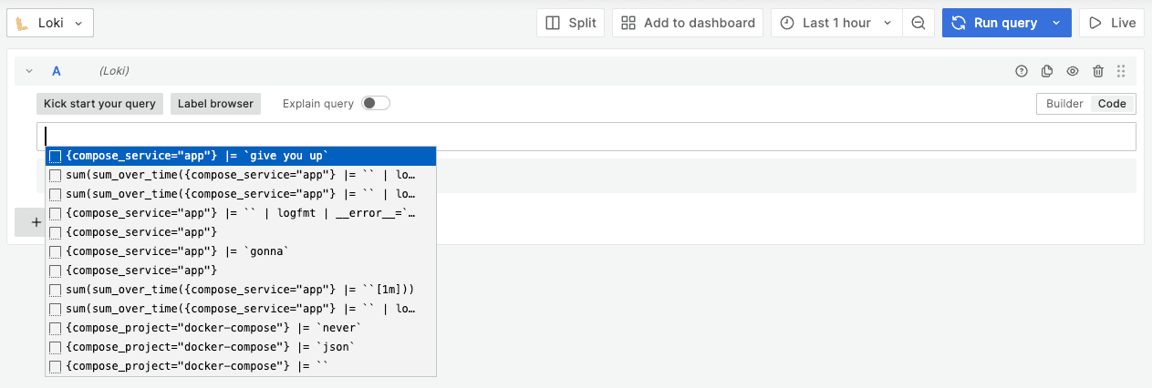 A screenshot shows user query history directly in the Loki code editor.