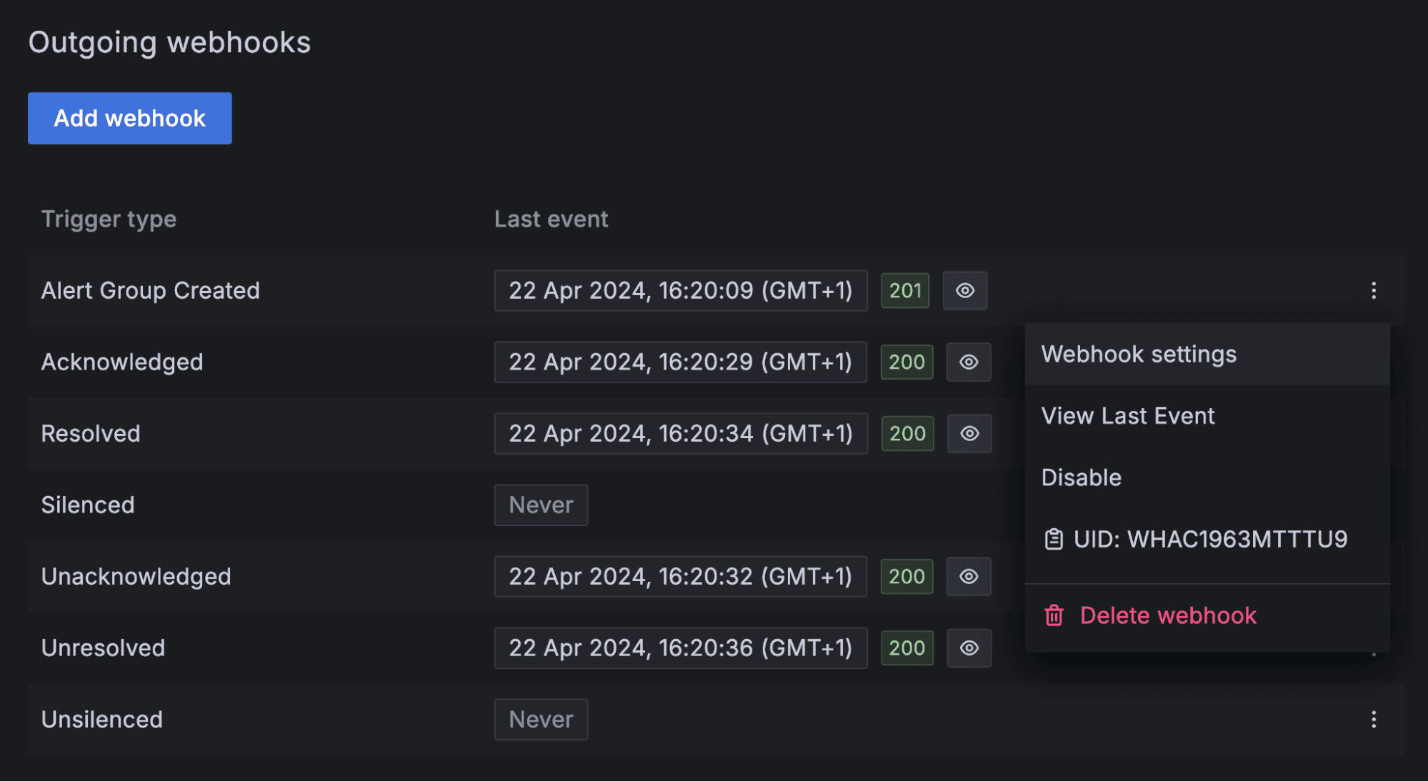 Outgoing webhook menu