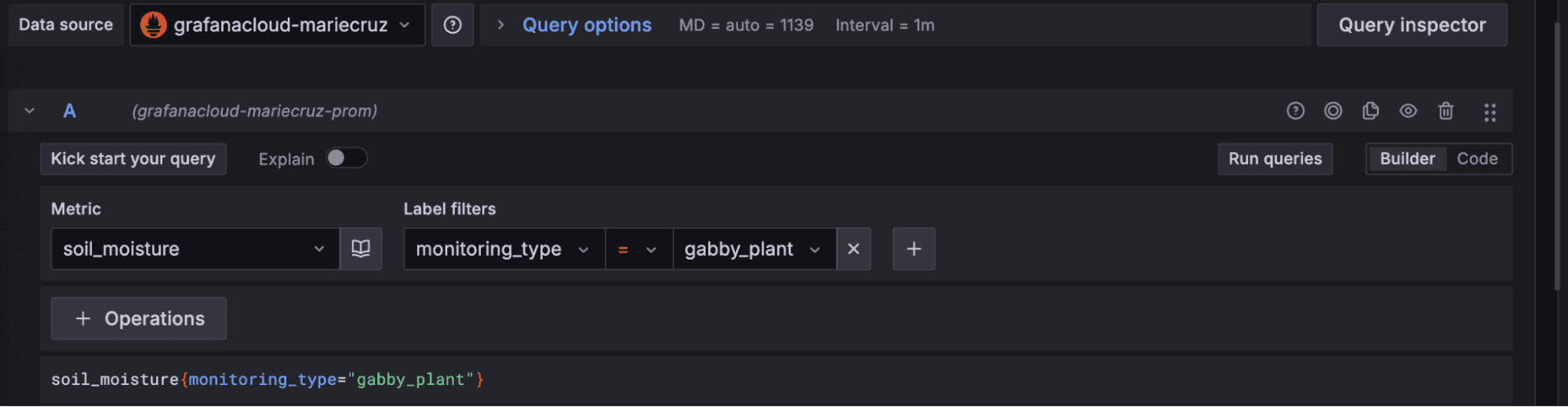 A screenshot of the metric and label values for the Prometheus query.