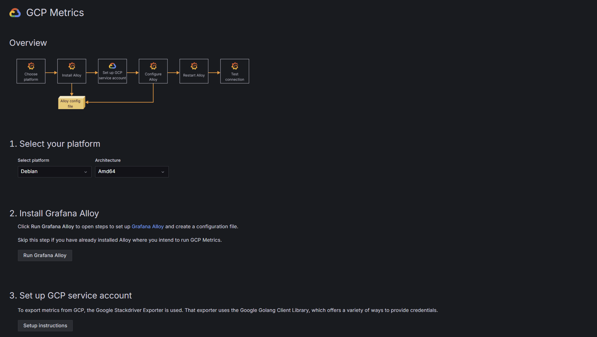 GCP metrics page in the Grafana Cloud UI