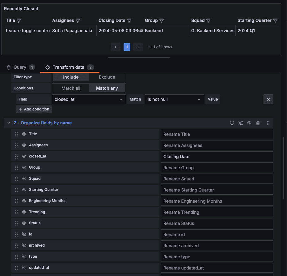 Organize field by name in Grafana UI