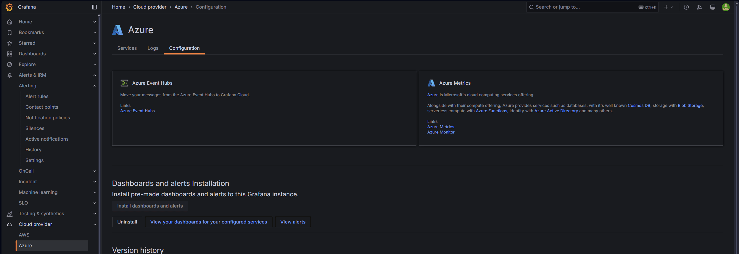Configuration tab in the Azure Observability UI