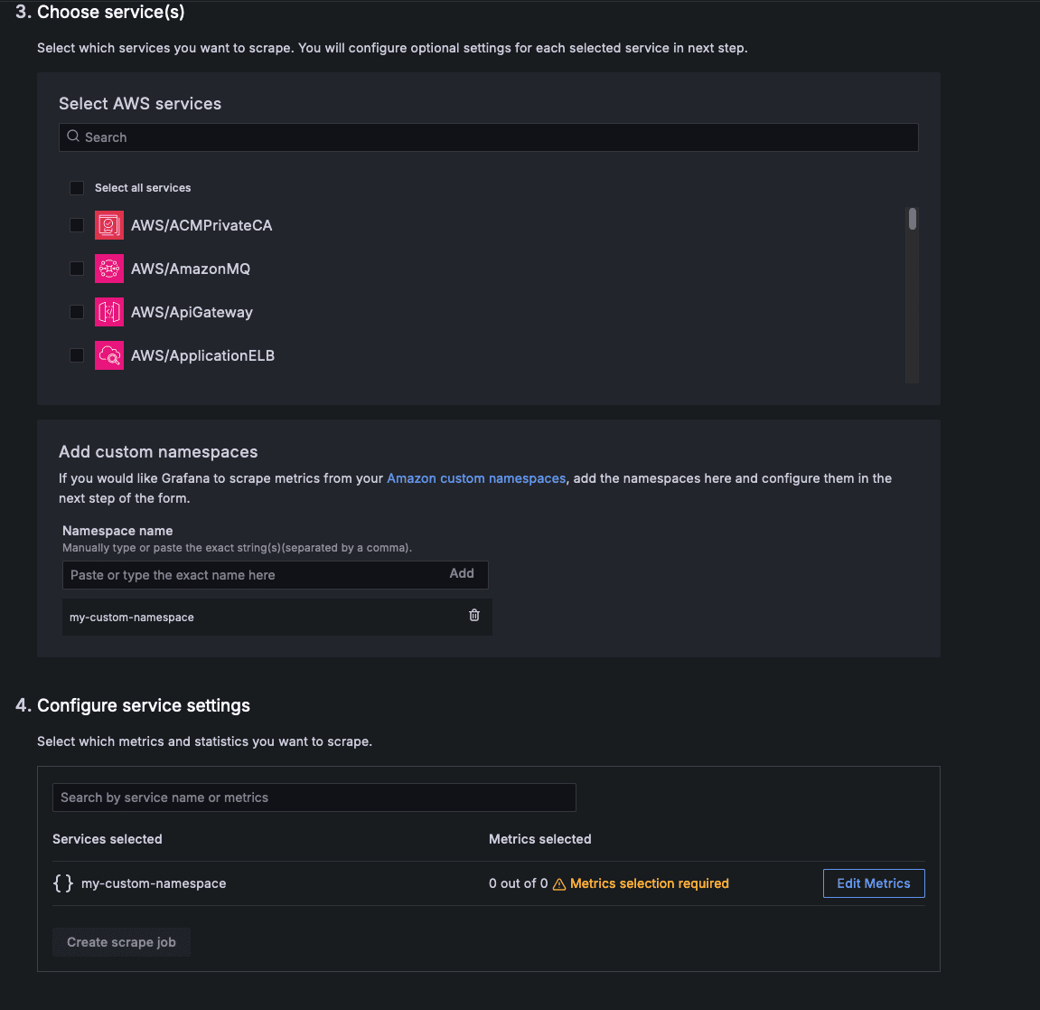 UI for selecting the services to scrape and confiugring service settings
