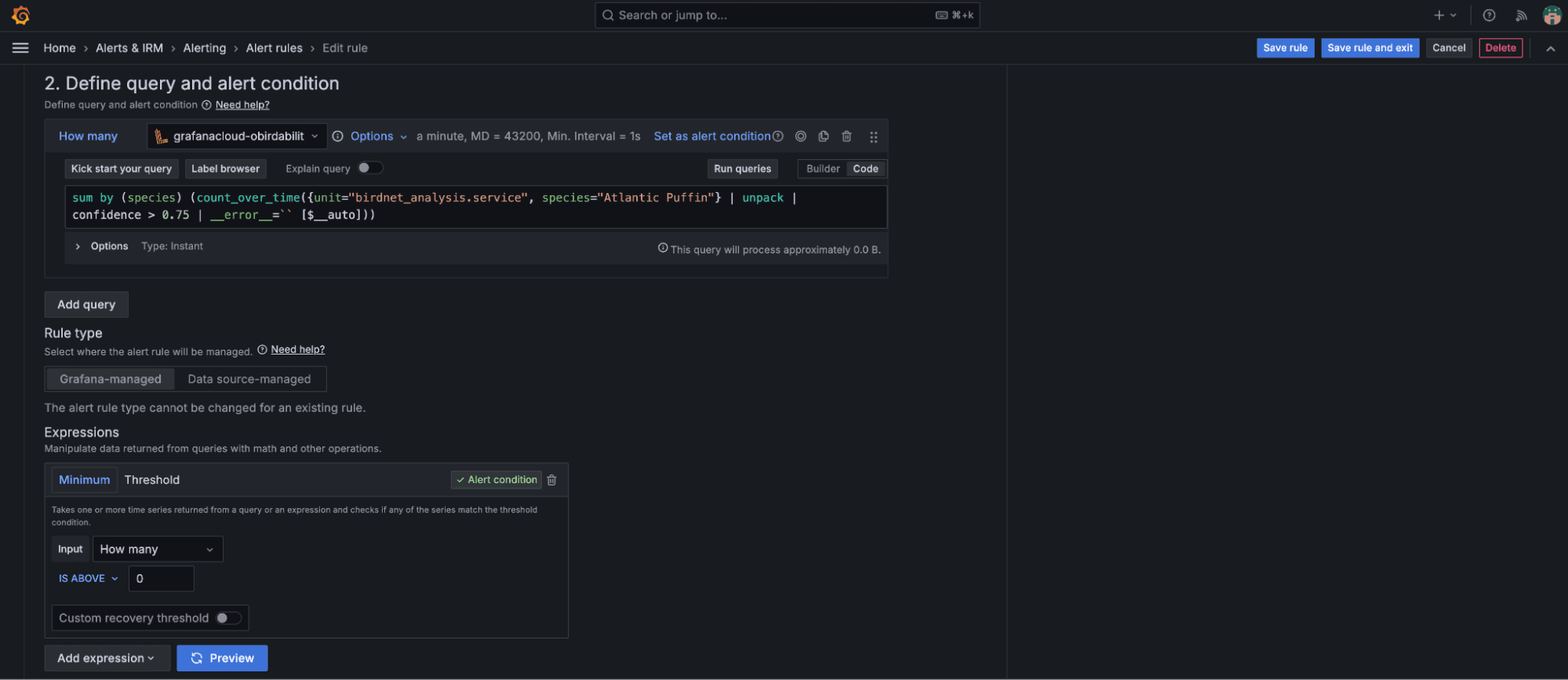 Define query and alert conditions menu