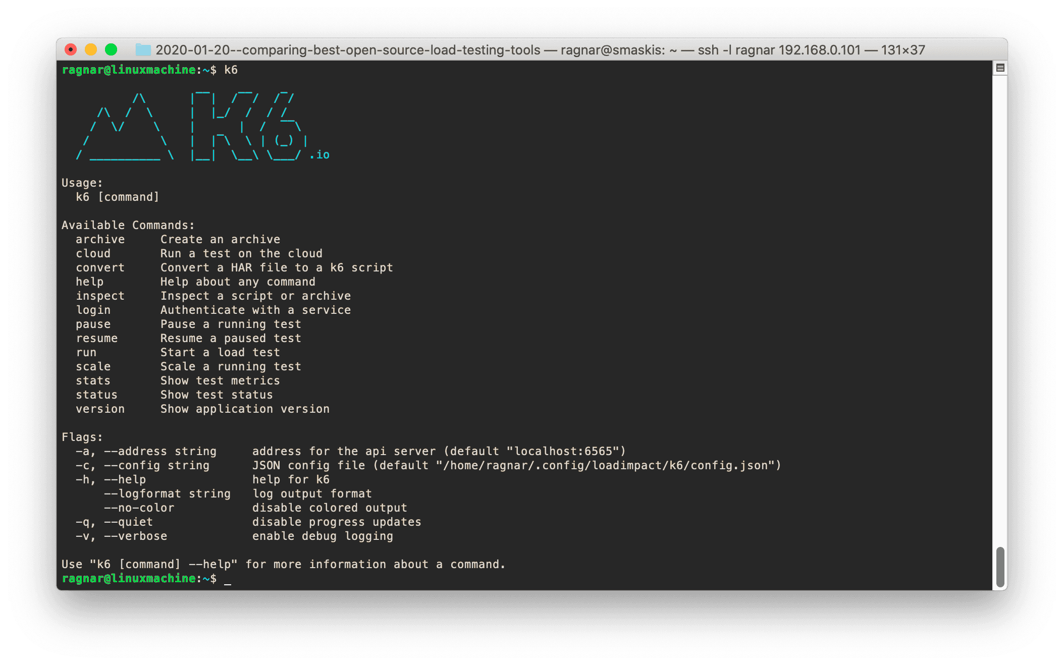 A screenshot of a k6 help output