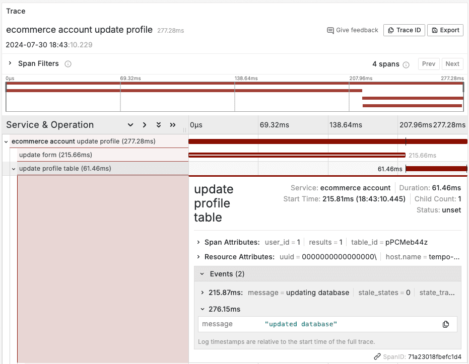 TraceQL query results for a span event
