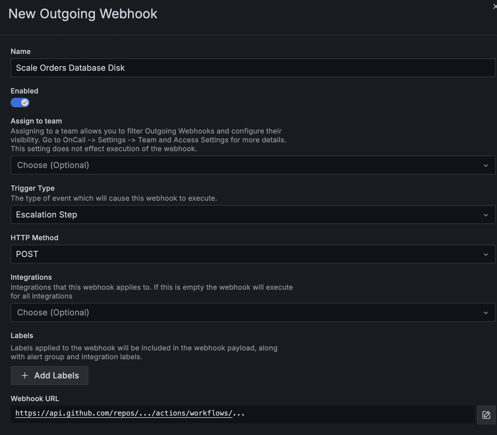New outgoing webhook menu