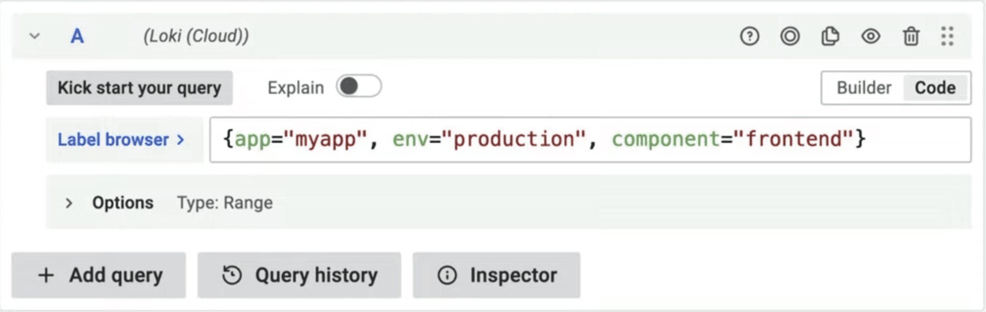A screenshot of the label selector in Grafana Loki.