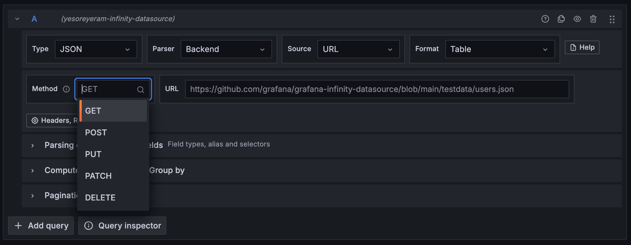 A screenshot showing a dropdown of HTTP methods.