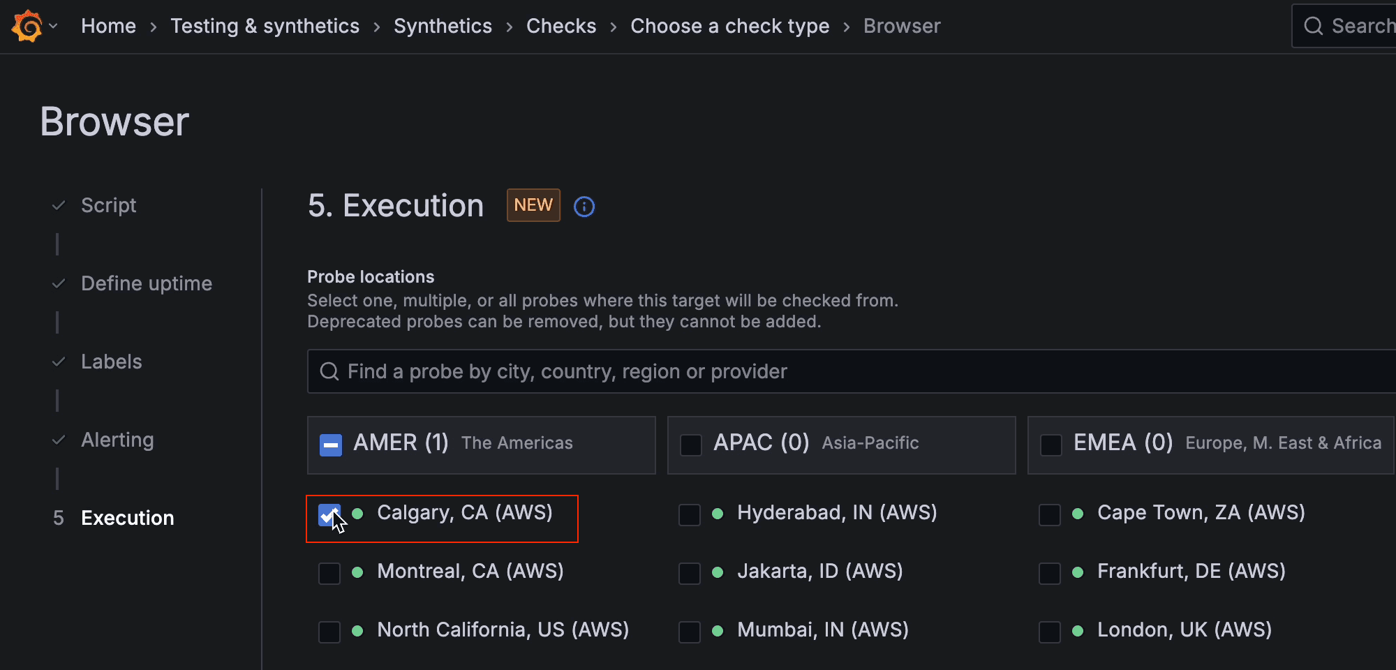 A screenshot showing options for probe locations.