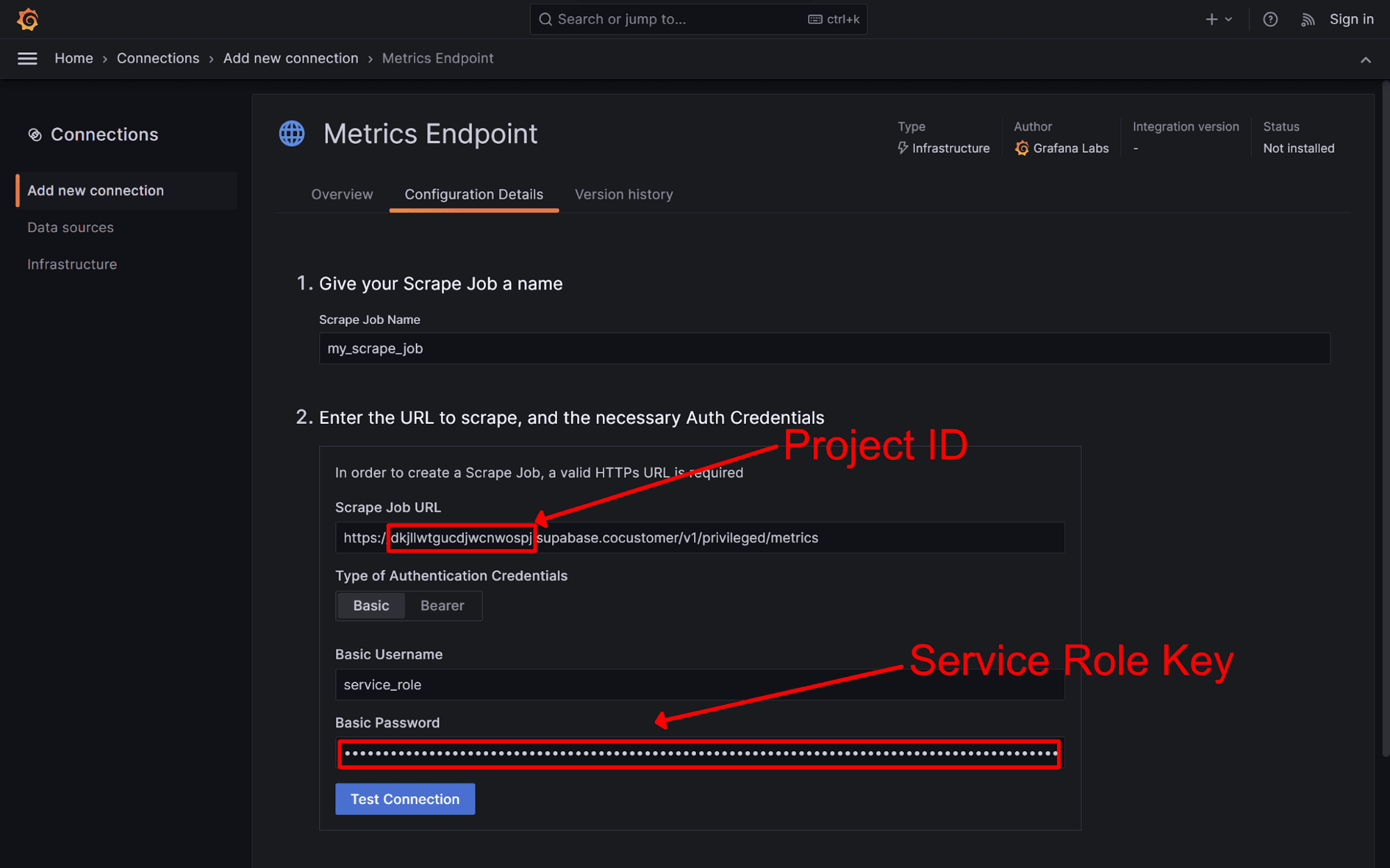 A screenshot shows where to enter the Project ID and Service Role Key in Grafana Cloud.