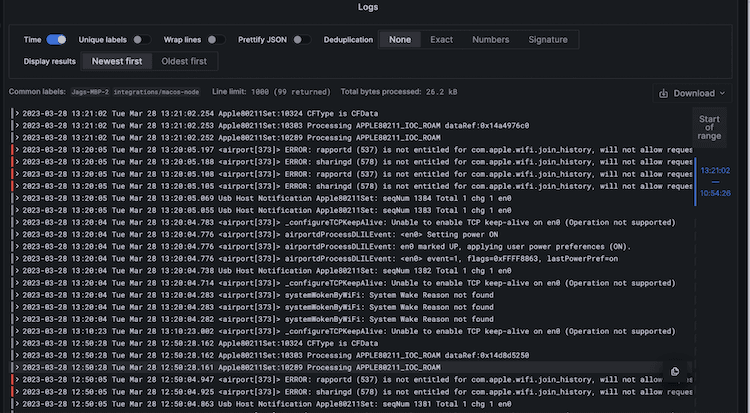 A Grafana dashboard displays logs