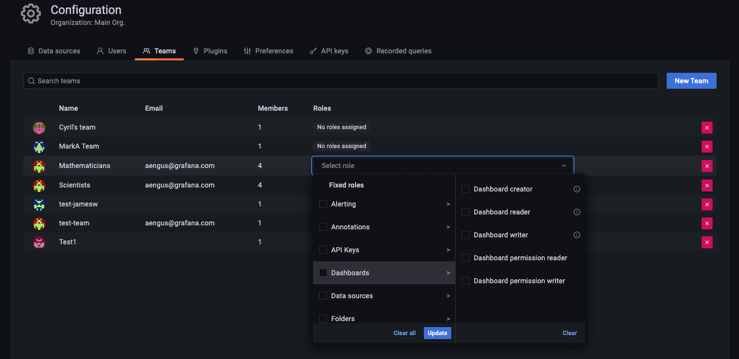 Screenshot of RBAC in Grafana.