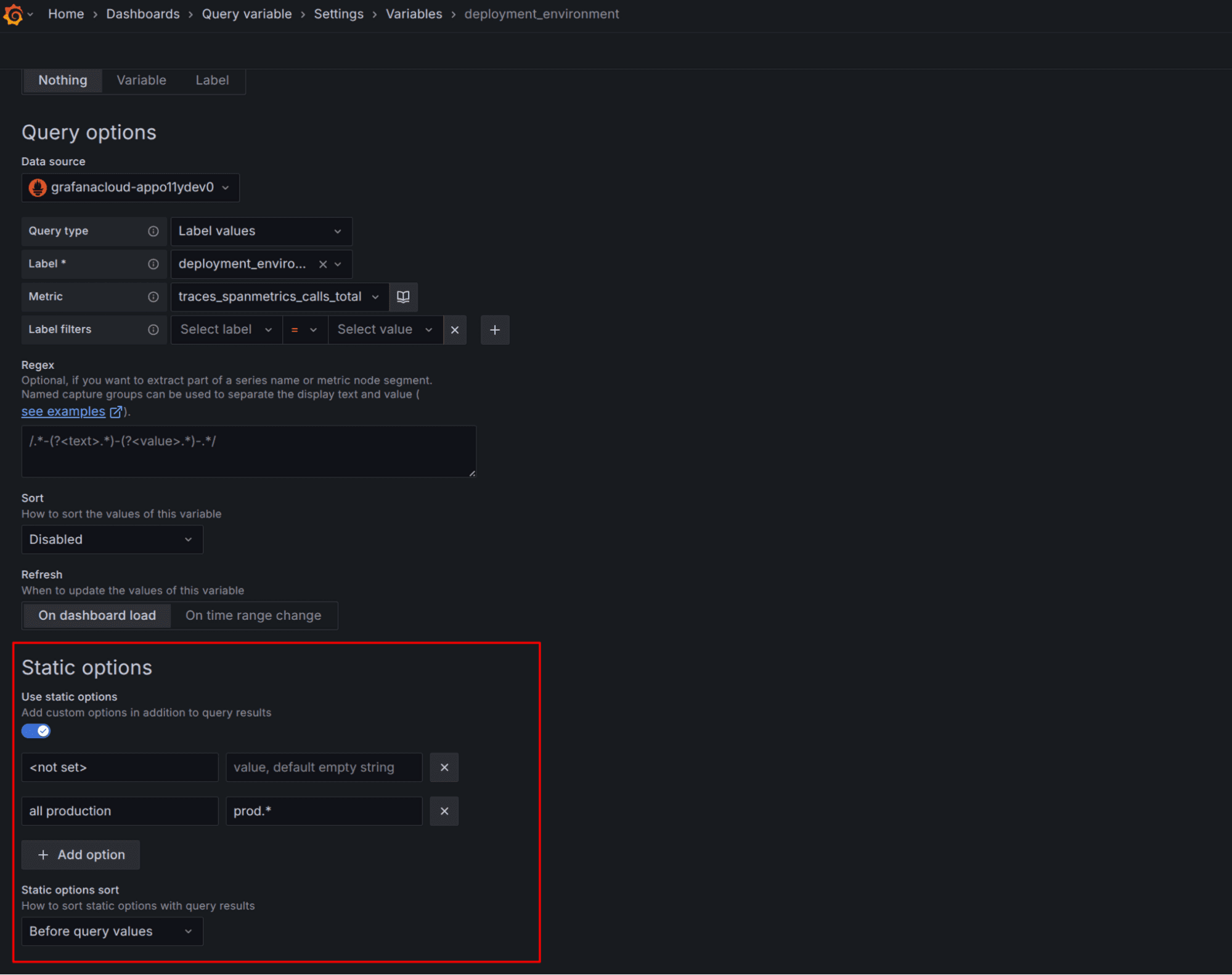 A screenshot showing where you define static options for a query variable.