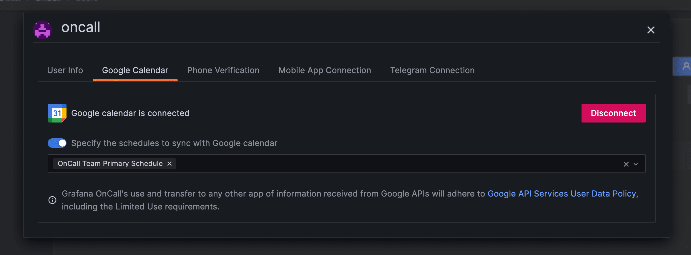 Specify schedule sync option in Google Calendar tab