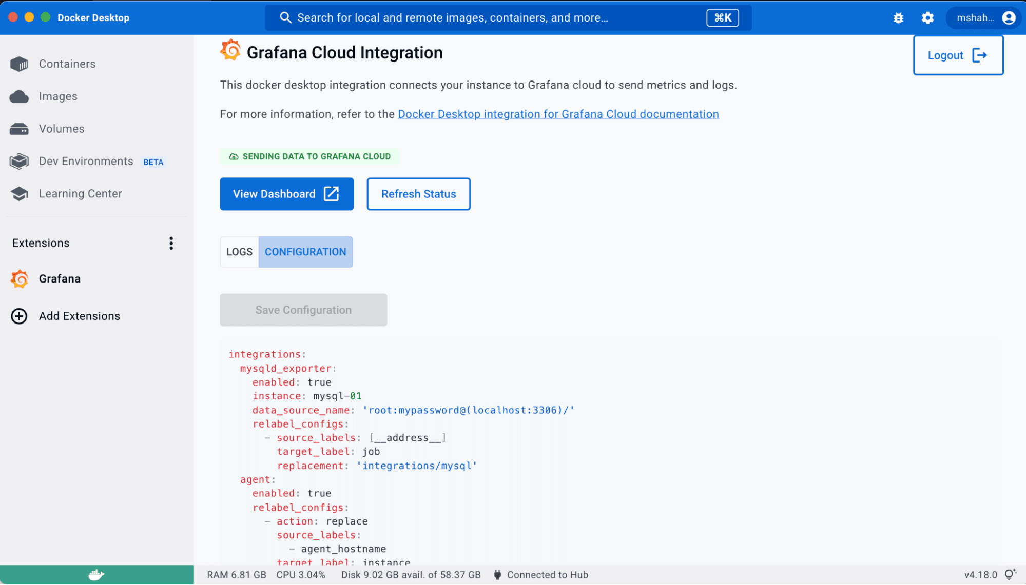A Grafana Cloud Integration page displays information for sending data to Grafana Cloud.