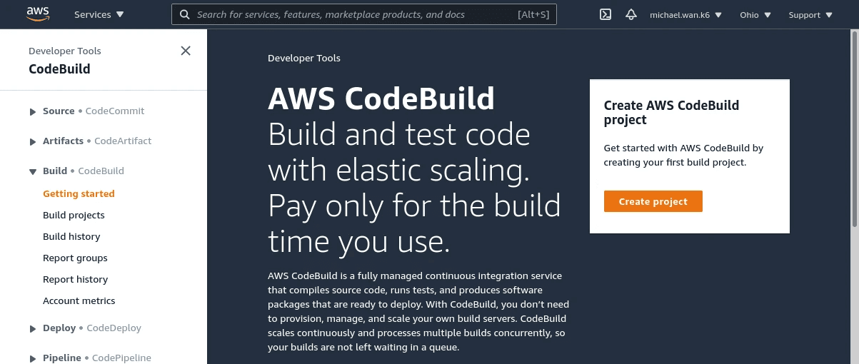 Sign in page for AWS CodeBuild