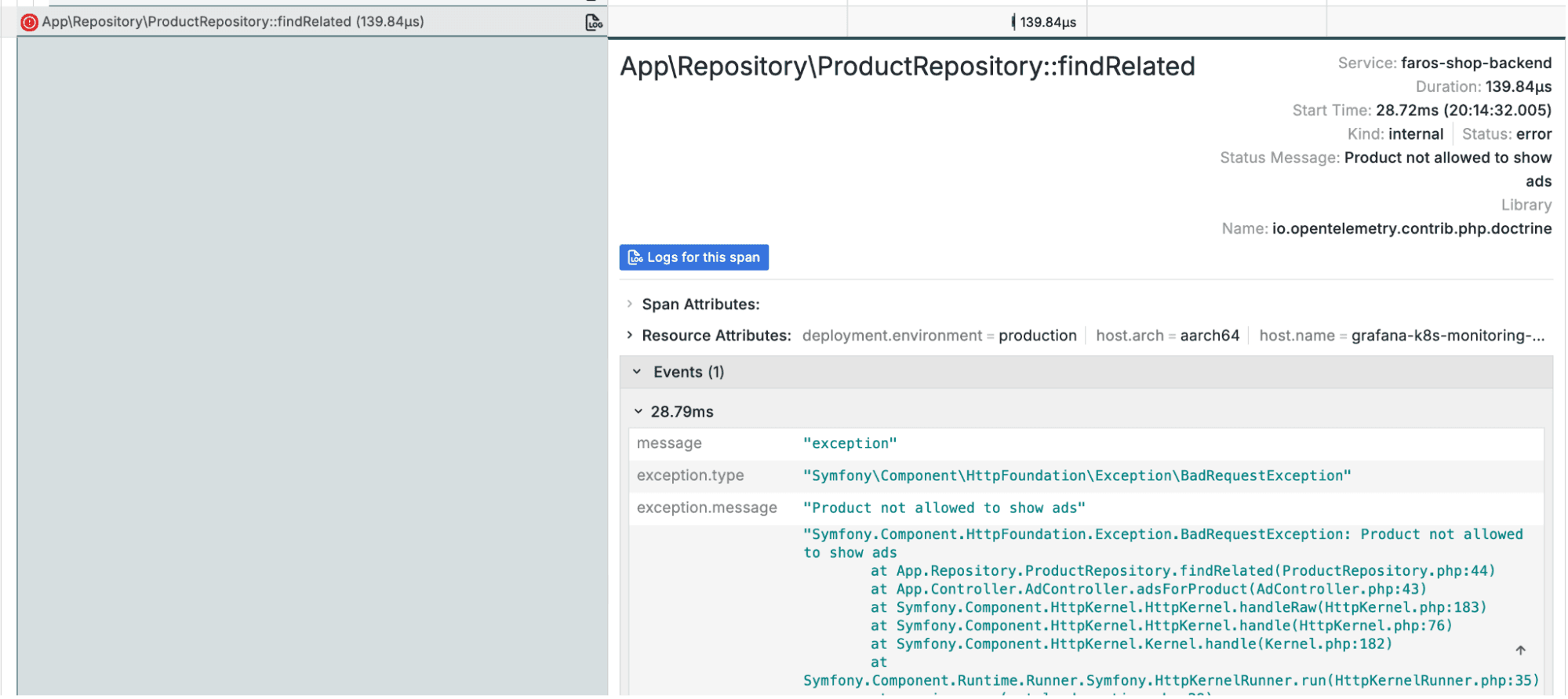 A screenshot showing information about the exception.