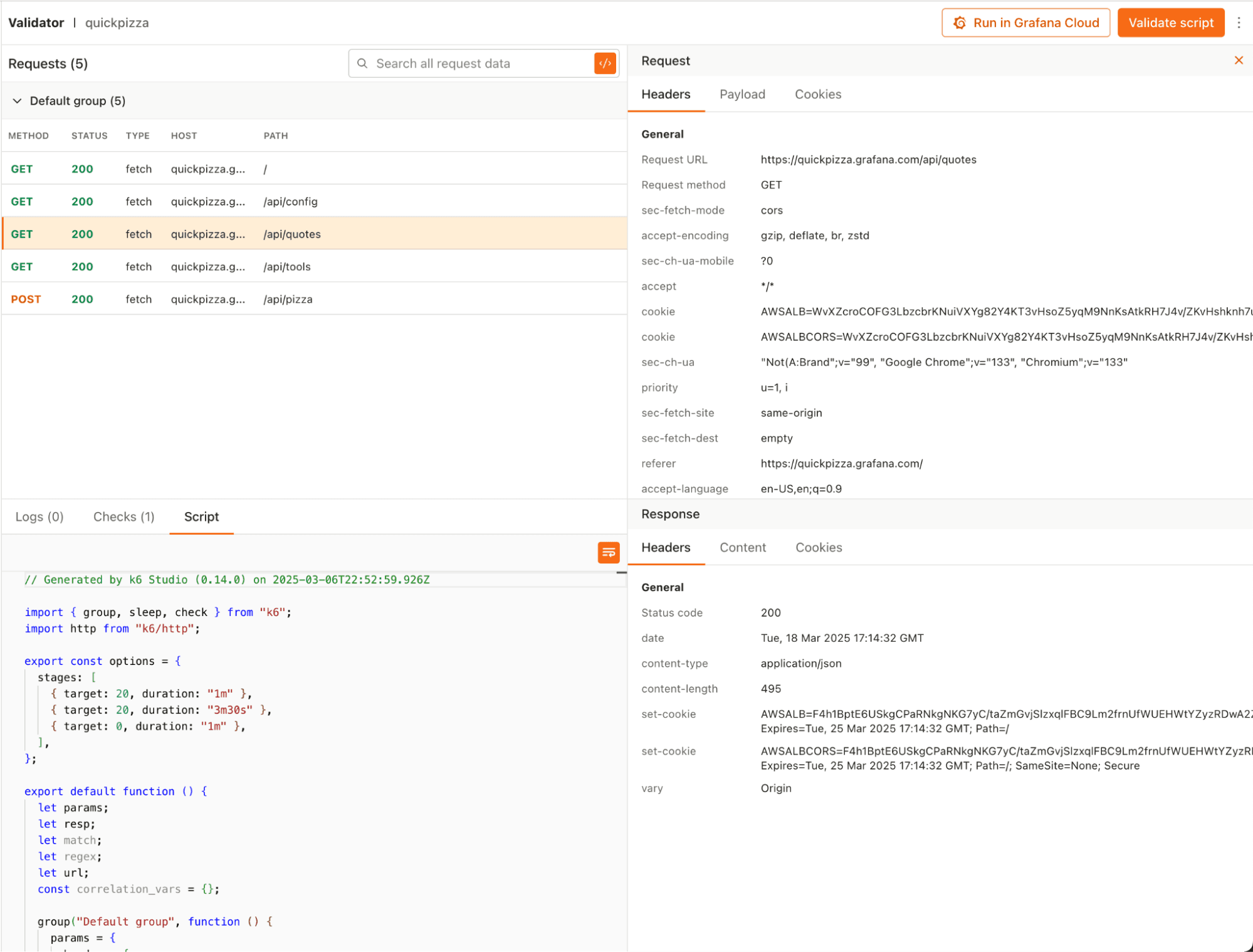 A screenshot of the Validator component in k6 Studio.