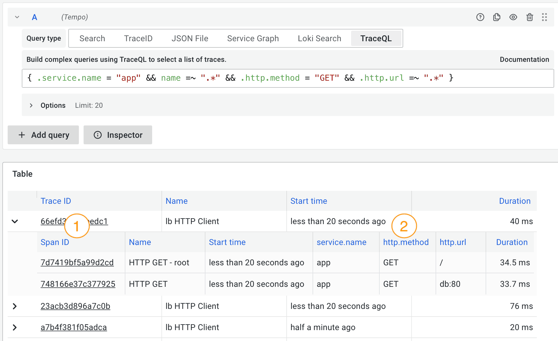 A screenshot of the Tempo UI, as described in the text below.