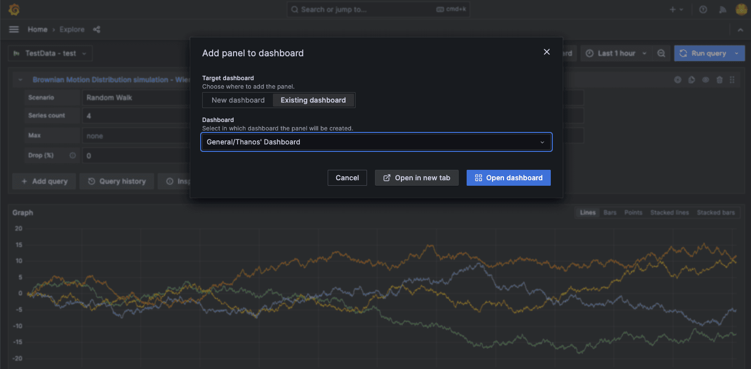 Screenshot showing how to go from Explore to creating a dashboard in Grafana.