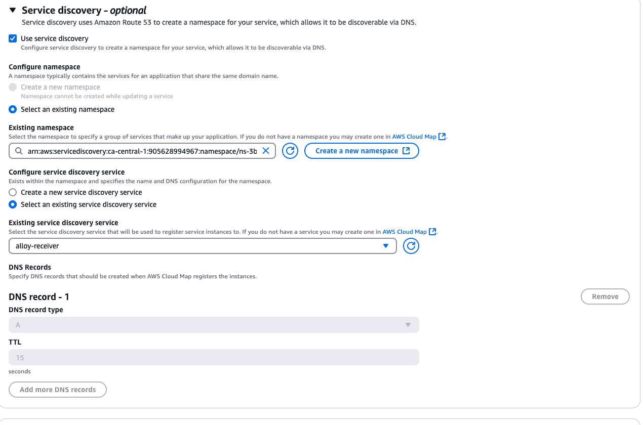 A screenshot of the service discovery page for Amazon ECS.