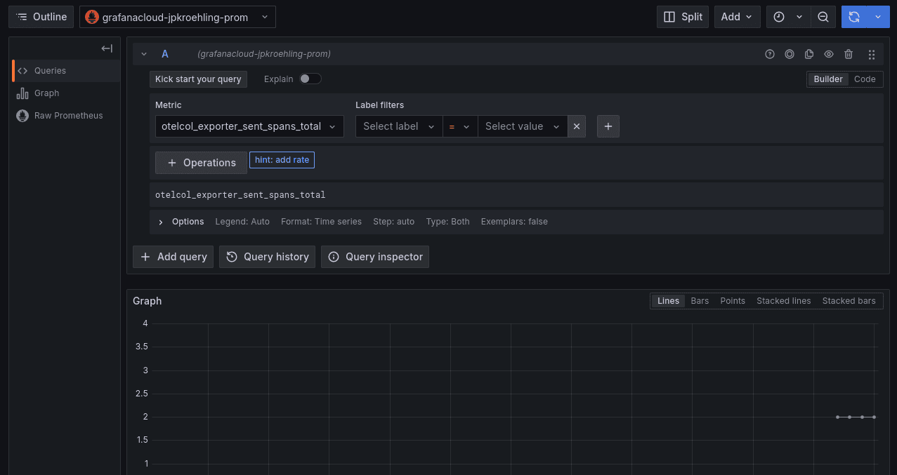 A screenshot of the query UI in Grafana Cloud