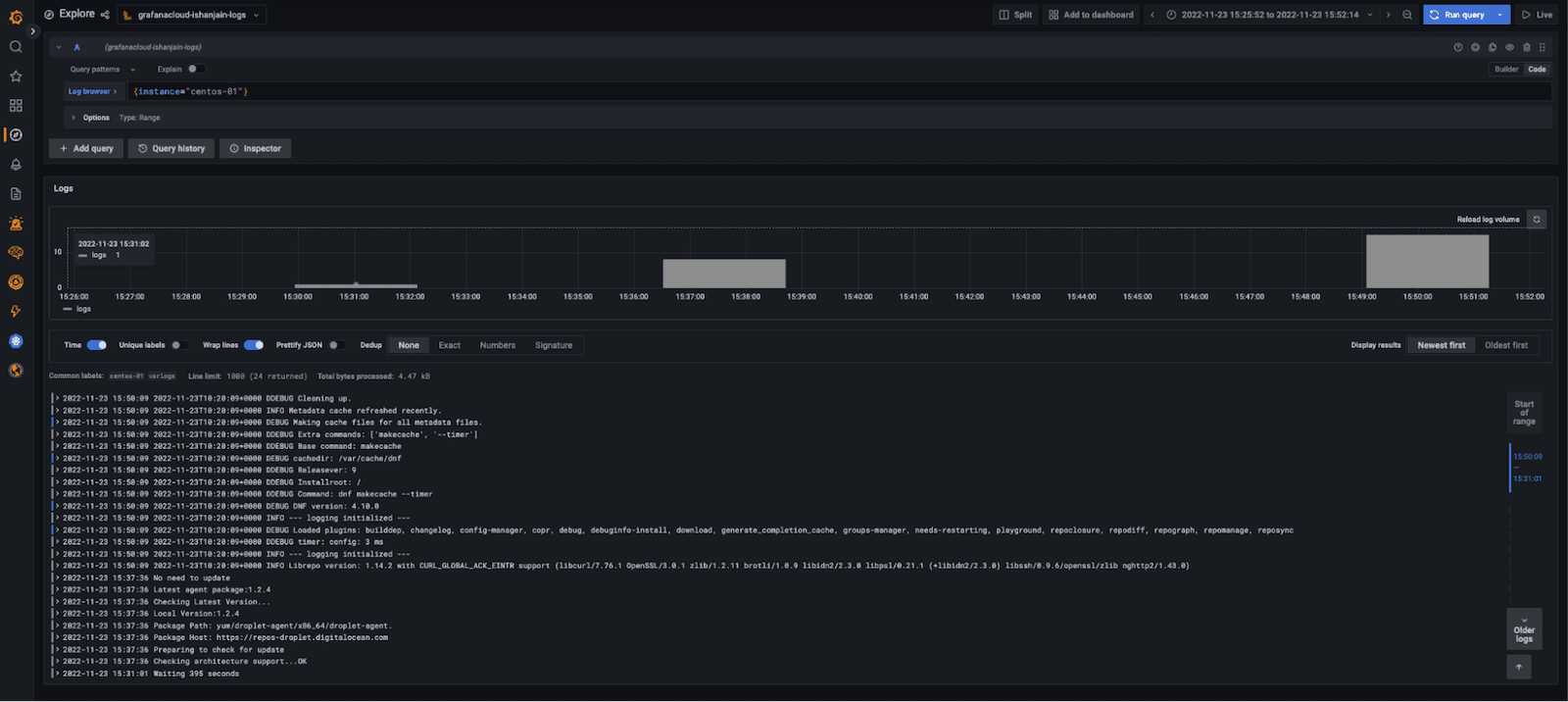 A Grafana dashboard showing ingested Logs from a Linux host