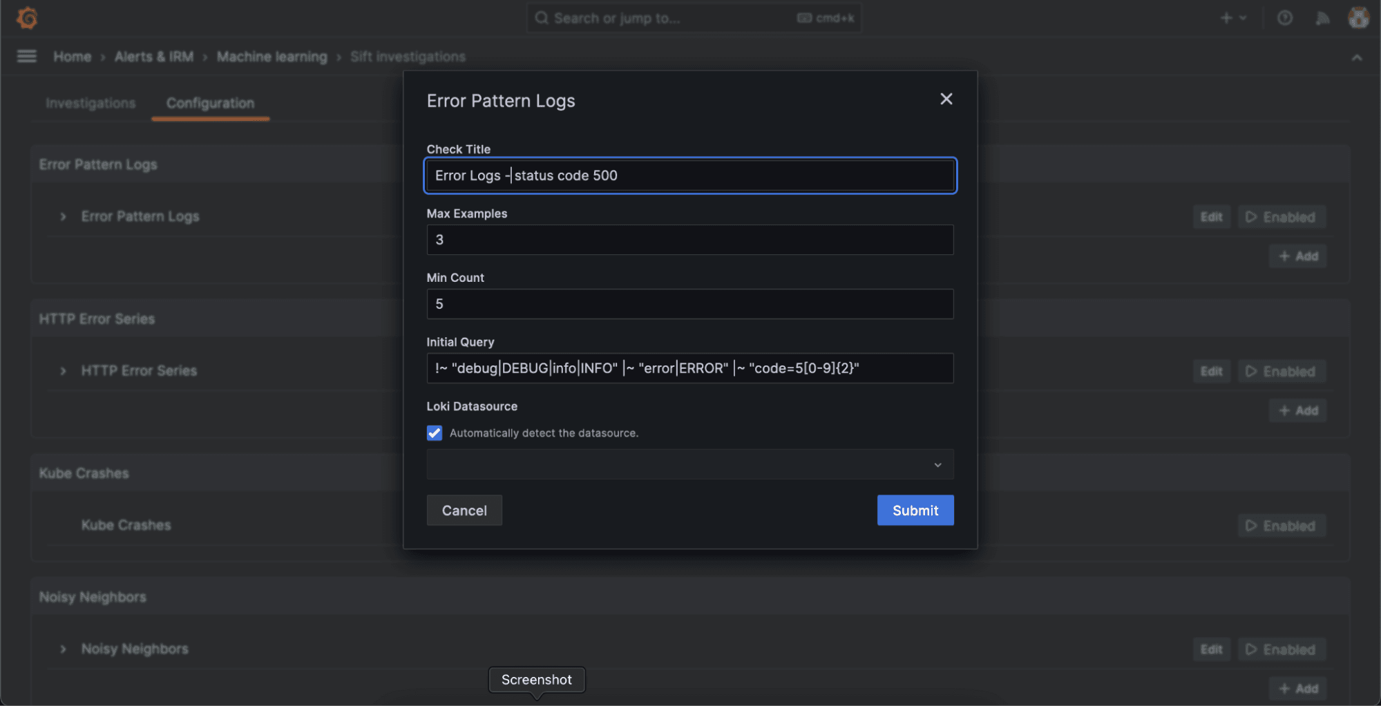 Sift check configuration for error pattern logs