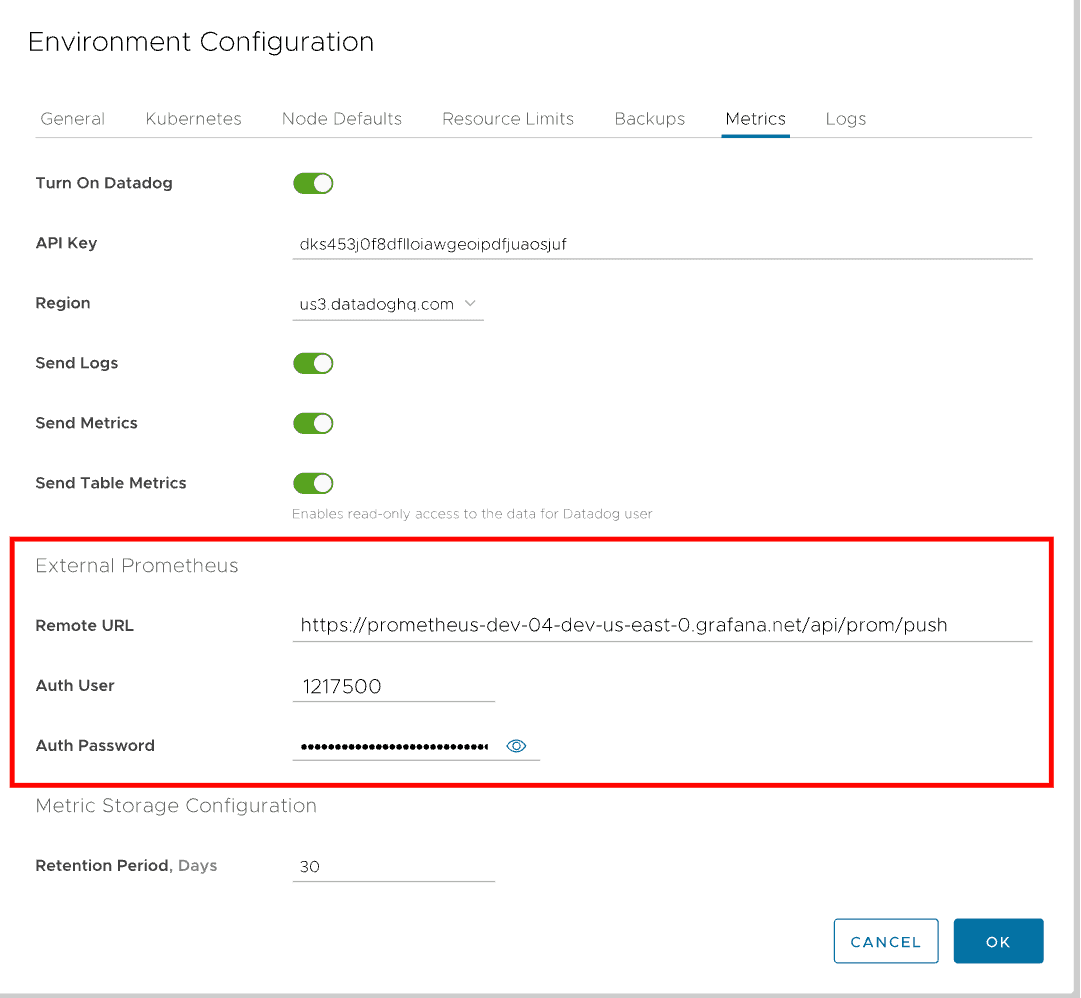 External Prometheus entry in the Environmental Configuration menu